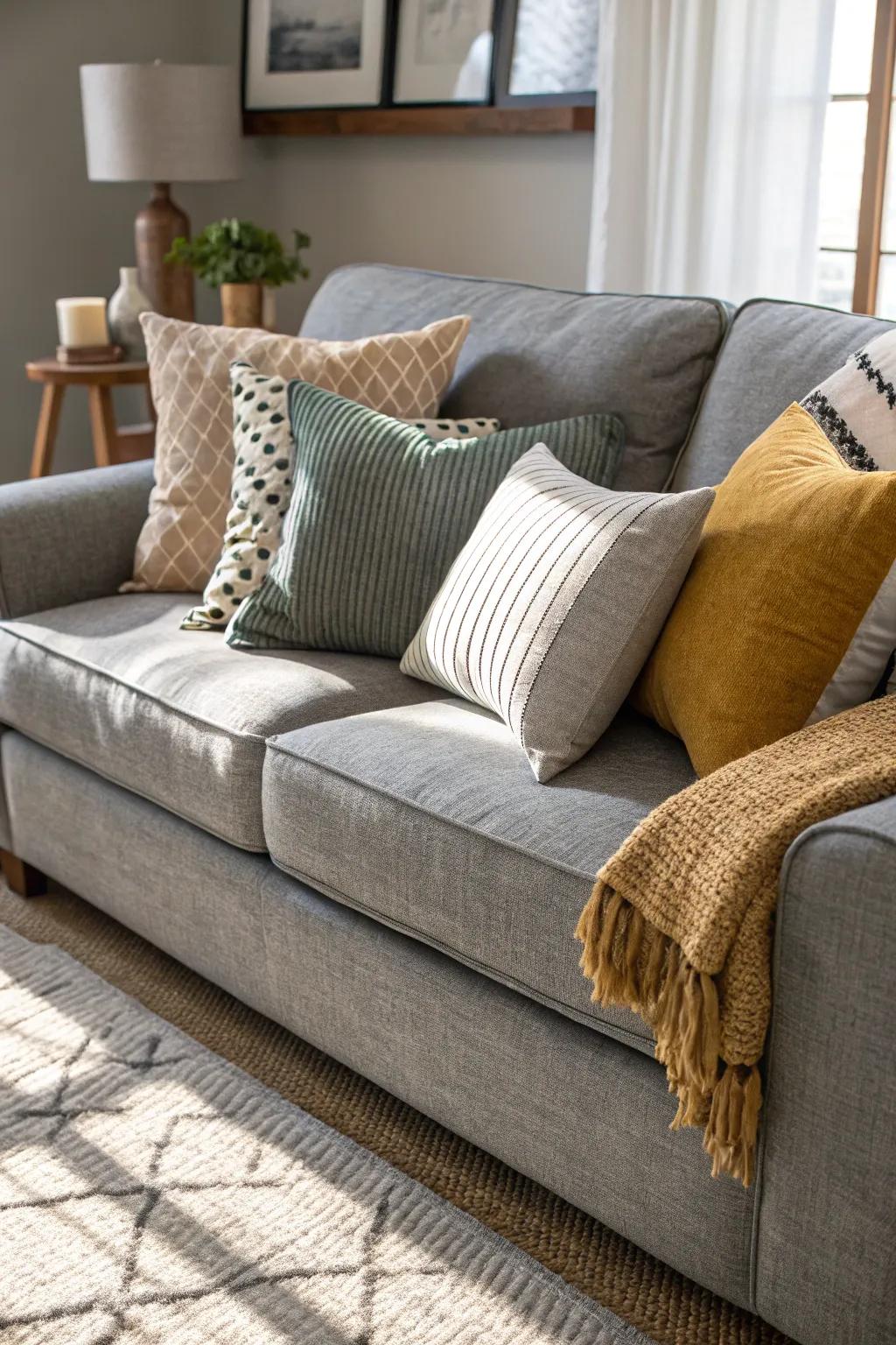A visually beautiful arrangement is made by layering cushions of various sizes.