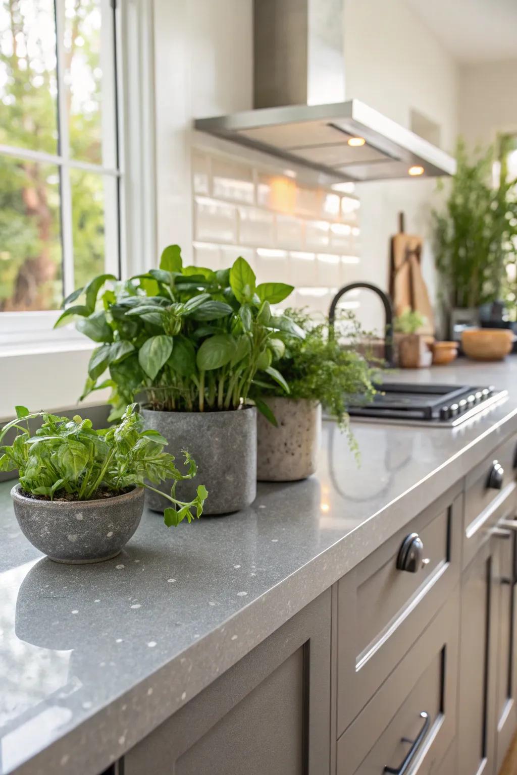 Eco-friendly kitchen featuring grey countertops made of recycled glass.