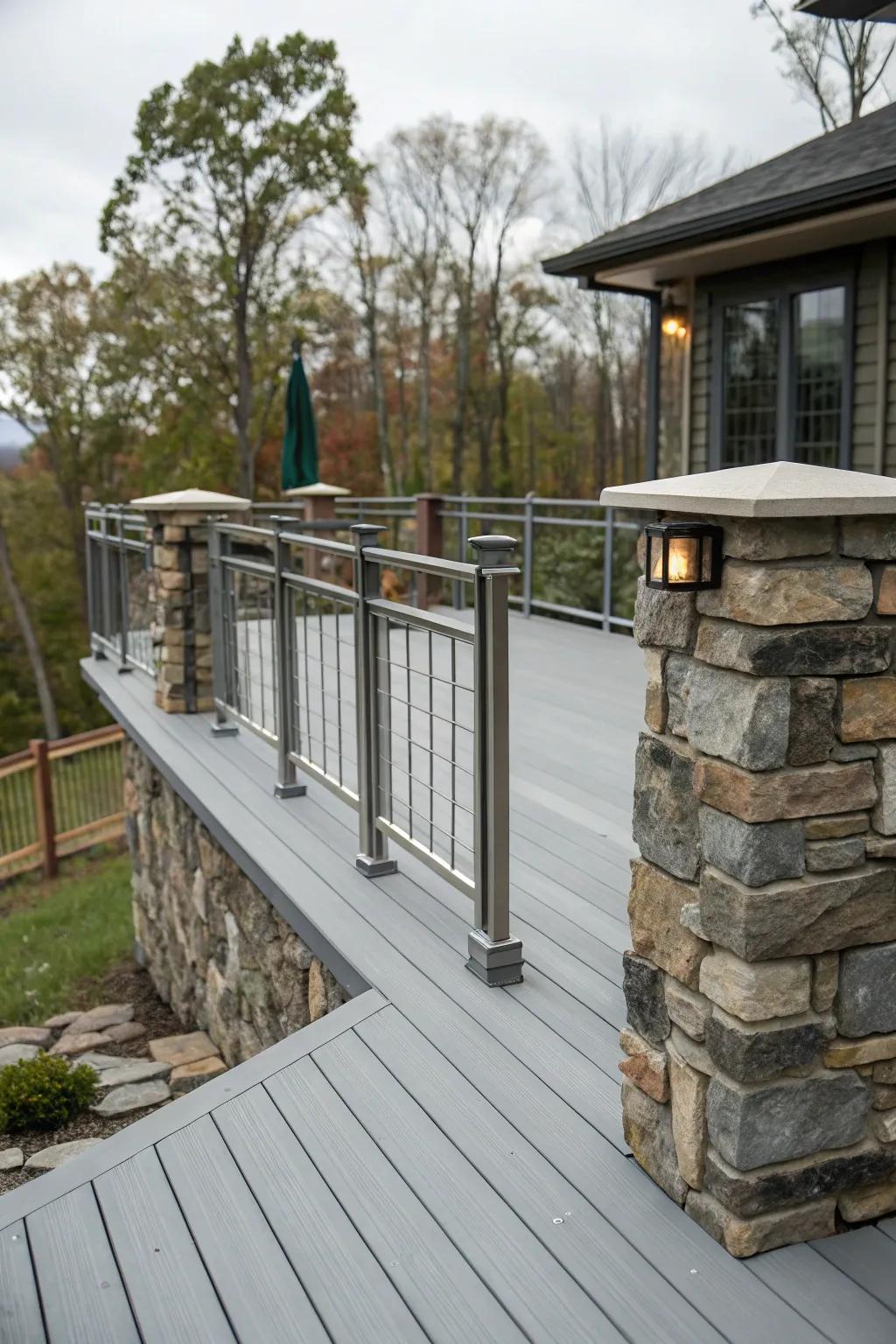 A visually stimulating grey deck incorporating mixed materials.
