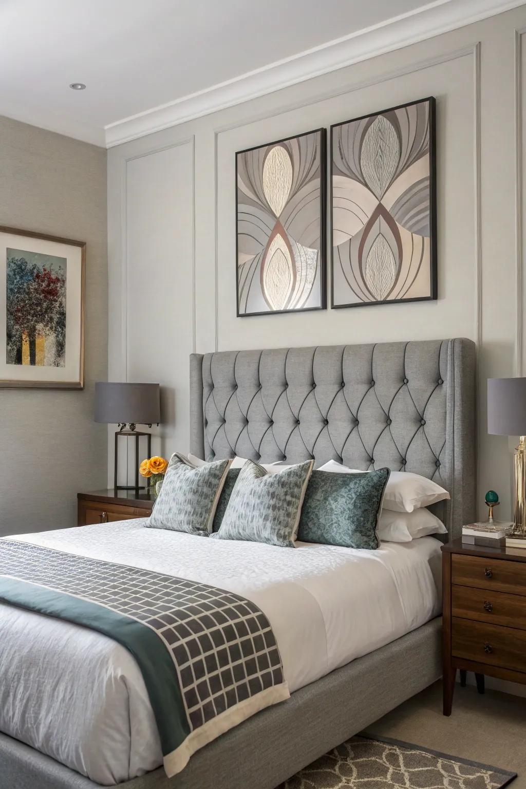 A creative touch above a grey headboard with creative wall art.