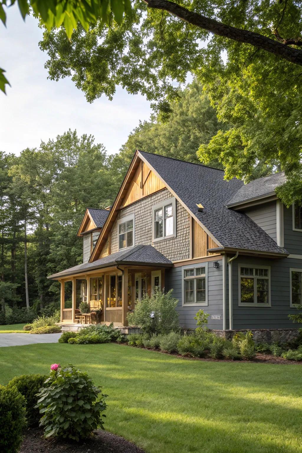 Comfortable and natural with grey and wood.