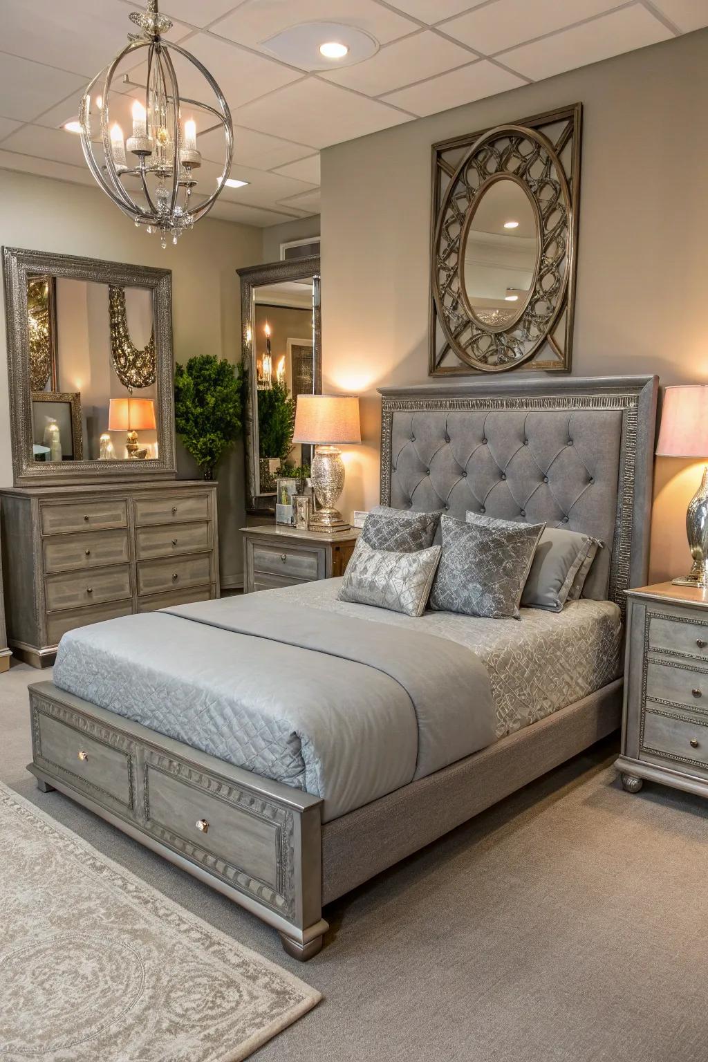 Metallic highlights introduce a hint of luxury to grey-themed furniture arrangements.
