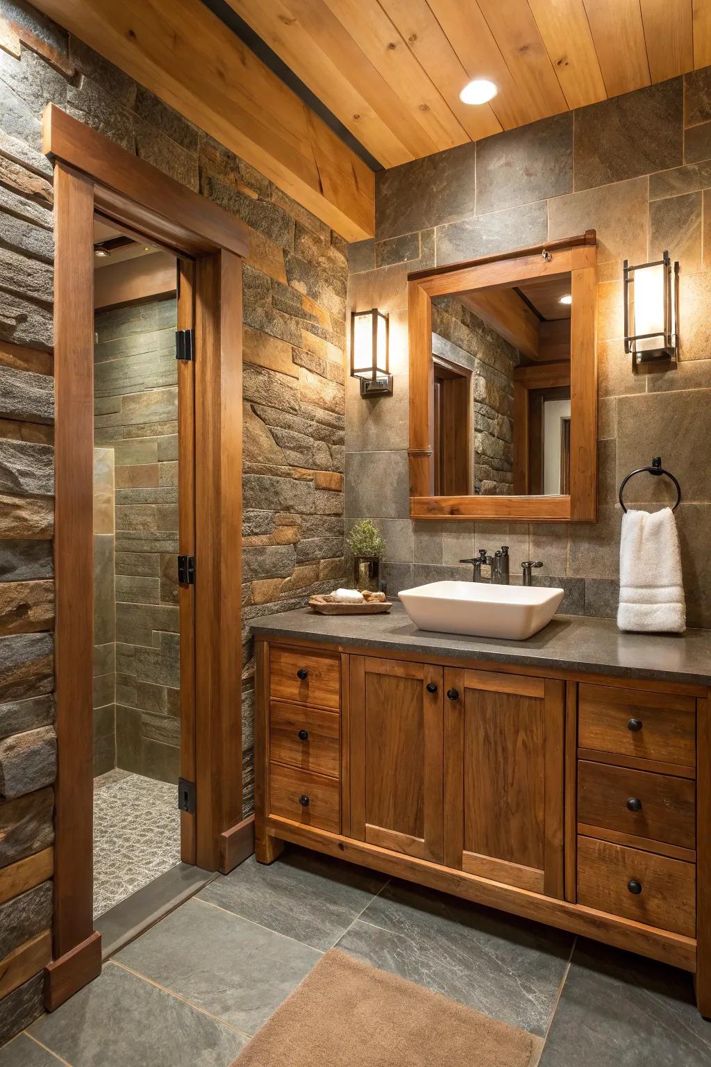 Layered textures like timber and stone contribute warmth to this modern bathroom.
