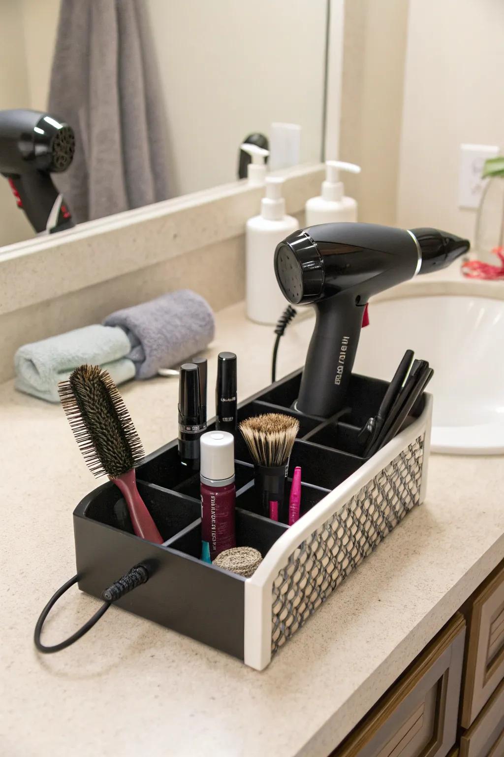 Small counter units for arranging and accessing styling tools.