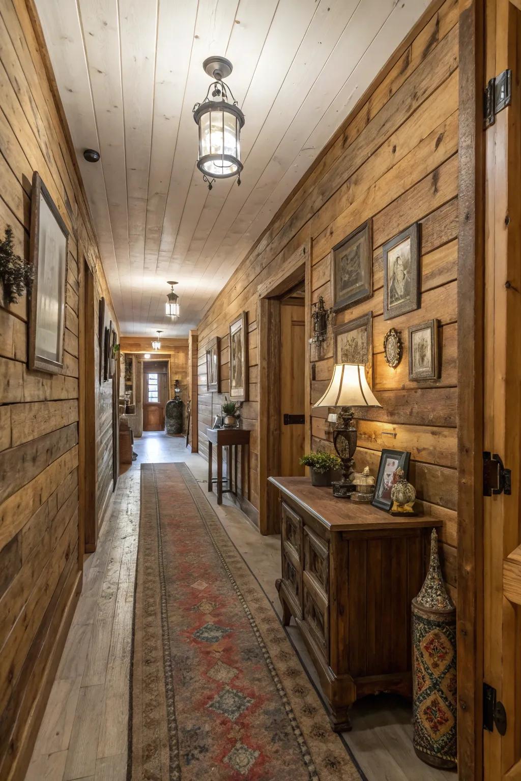 Embrace countryside allure through repurposed lumber paneling.