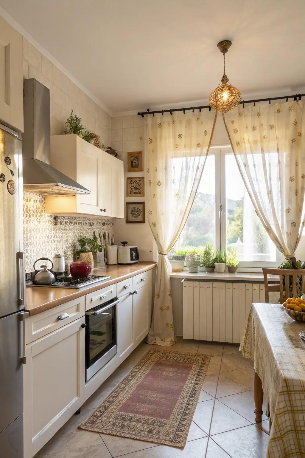 A sunny kitchen is fitted with bistro-style curtains.