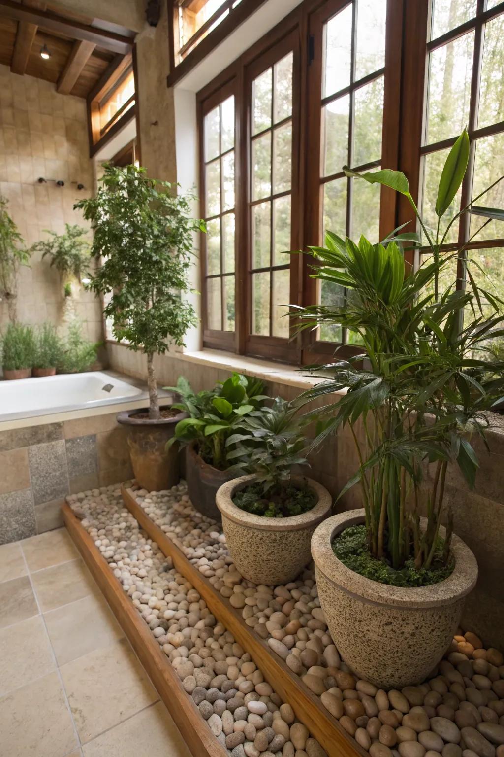 Green plants bring a refreshing touch to this bathroom.