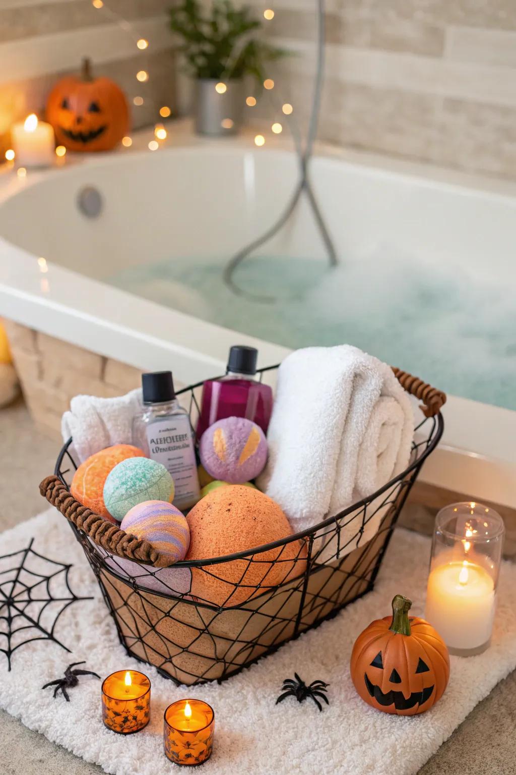 A spa-themed basket for a soothing Halloween treat.