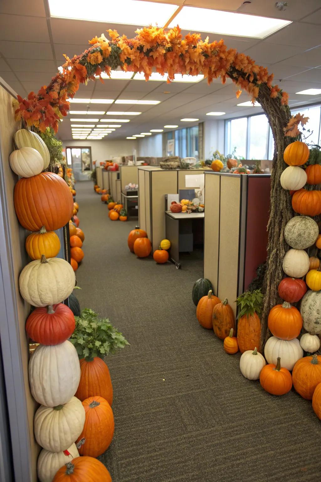 Create a festive pumpkin patch with vibrant colors and playful arrangements.