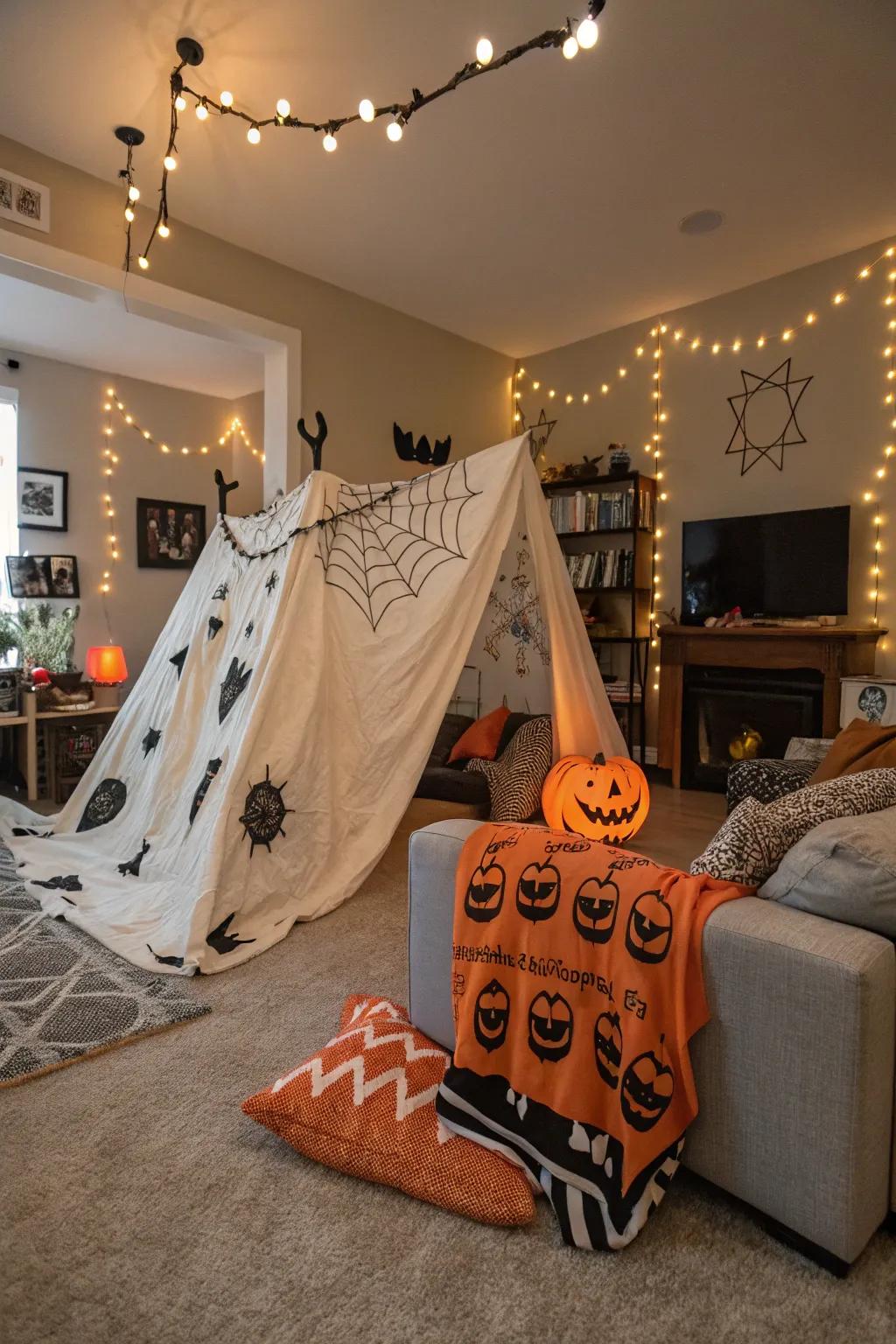 A haunted house blanket fort encourages both comfort and chills.