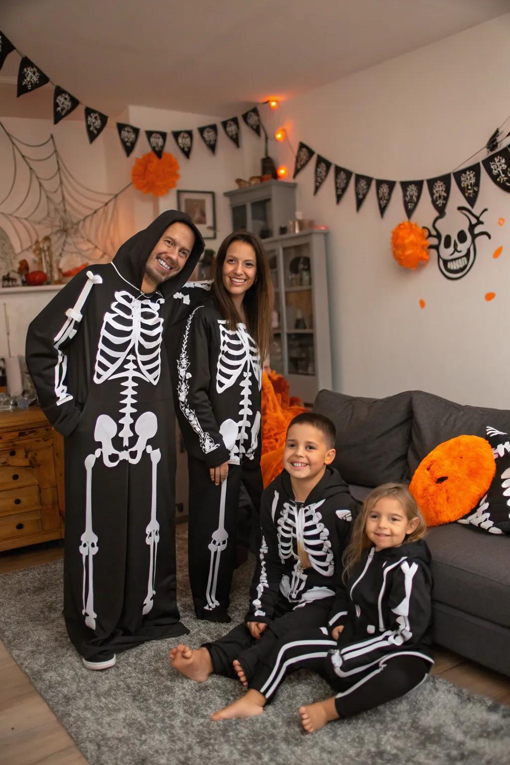 A skeleton family provides a spooky Halloween presence.