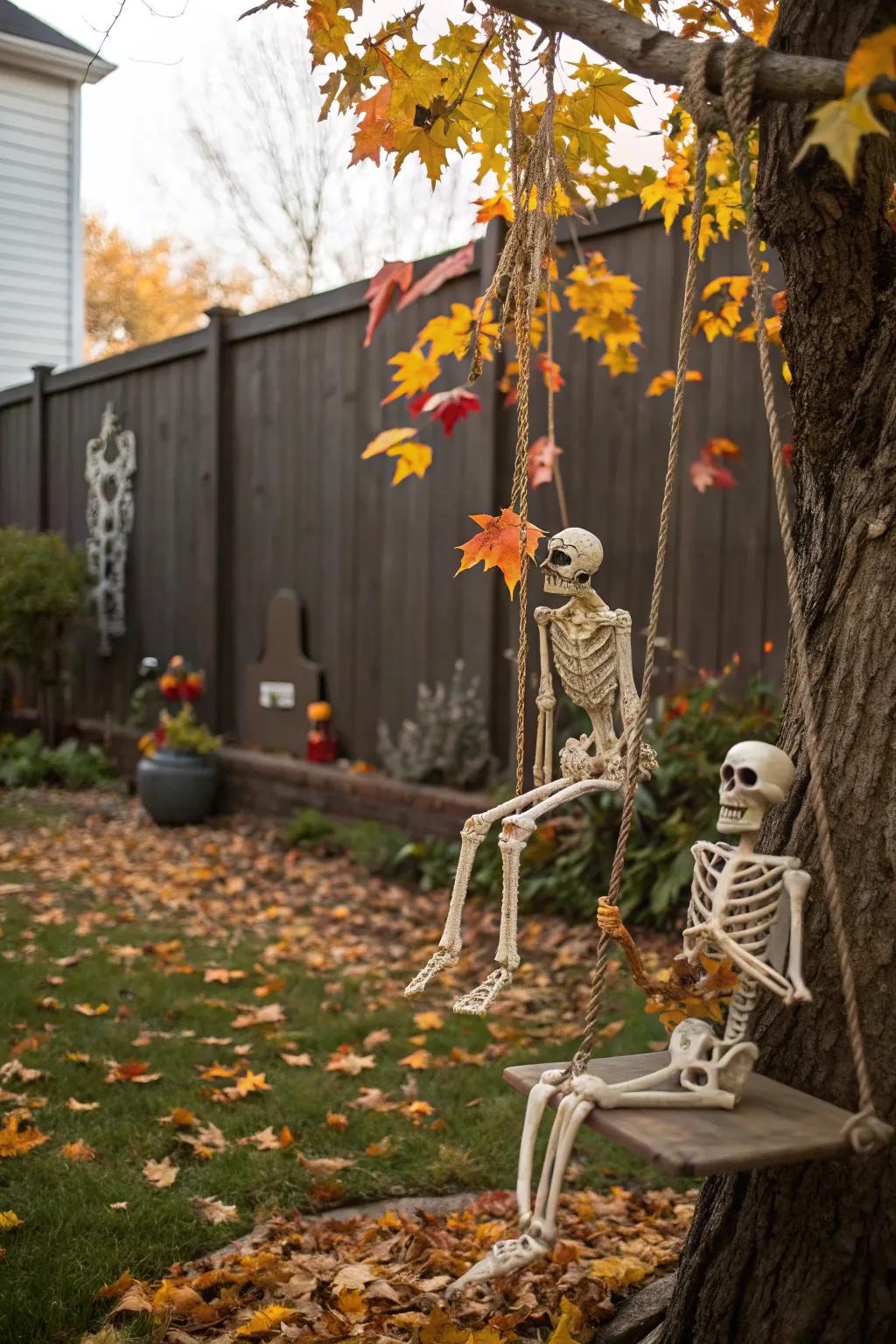 Oscillating skeletons cultivate a joyful and vibrant Halloween exhibition.