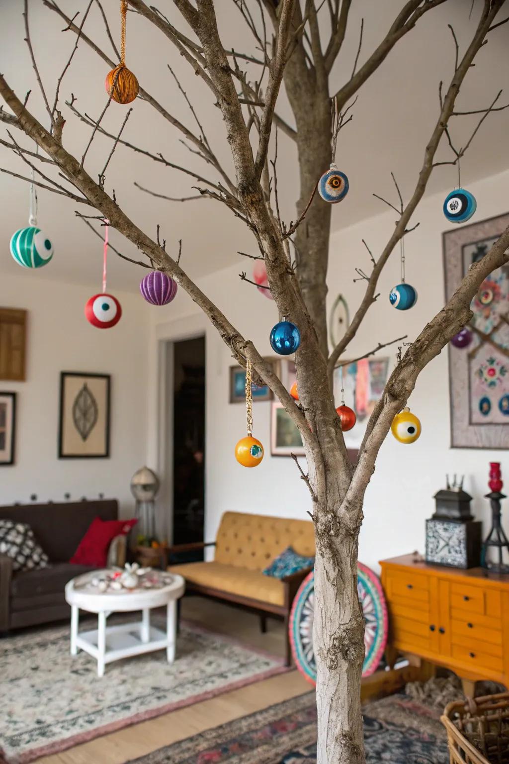 An all-seeing Halloween tree featuring orb decorations.