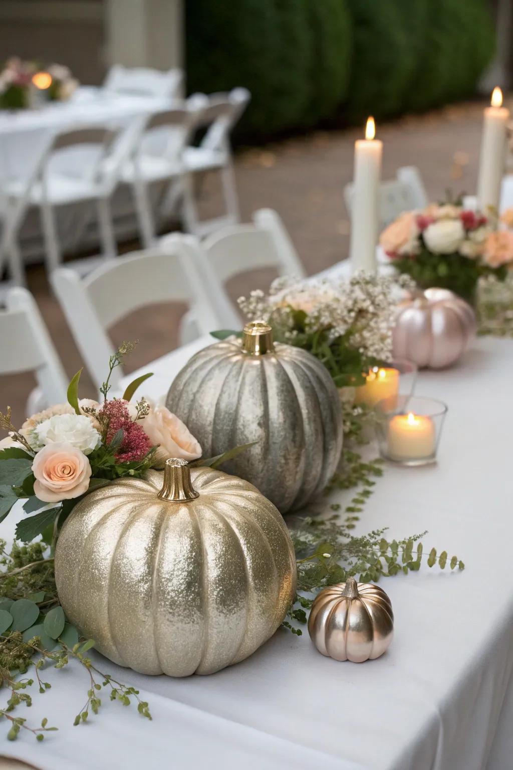 Pumpkins introduce a dash of autumnal whimsy to your wedding ornamentation.