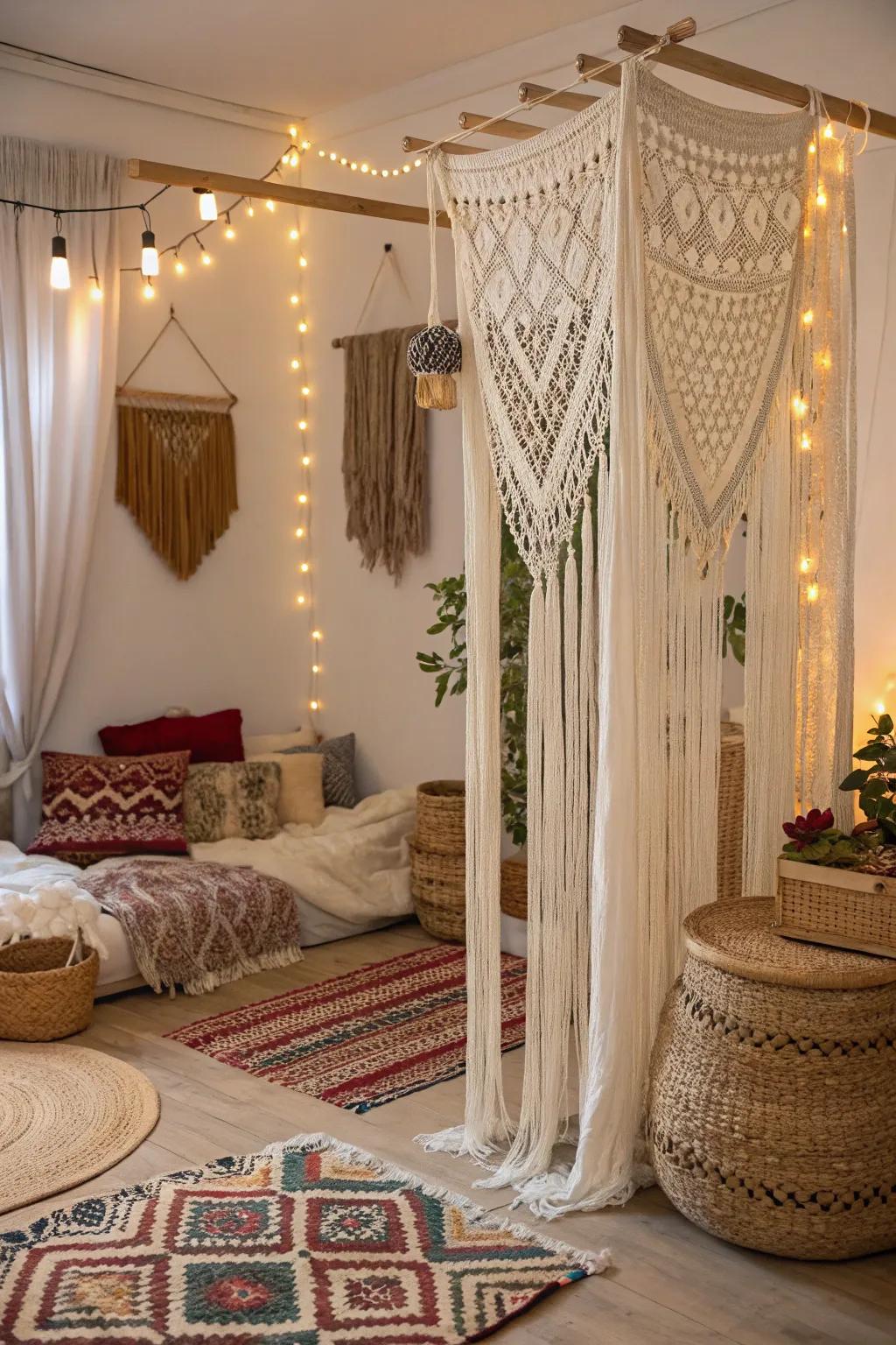 Macram&eacute; curtains produce a relaxed, artistic atmosphere.