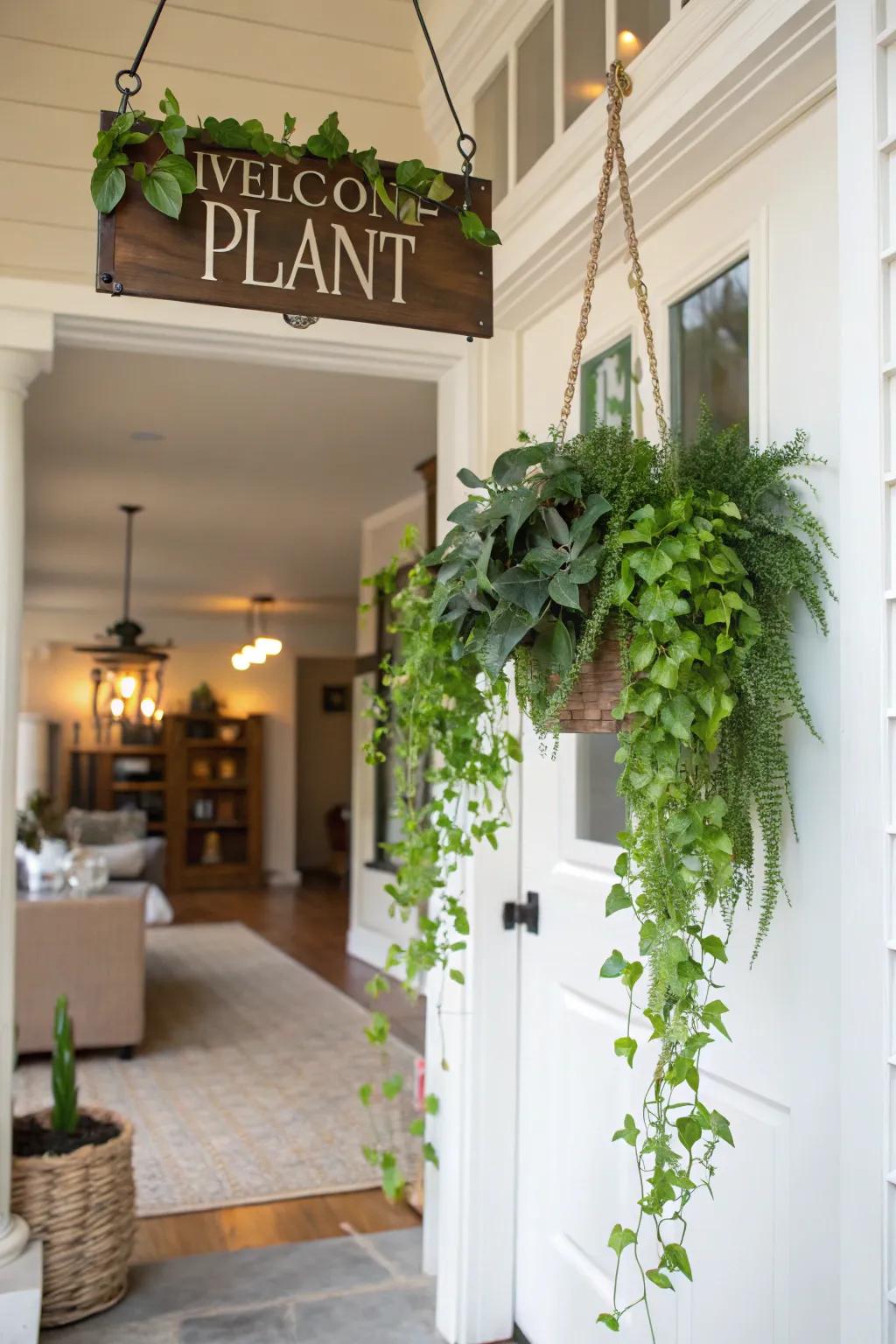 A hanging plants sign that introduces life and freshness to an entryway.