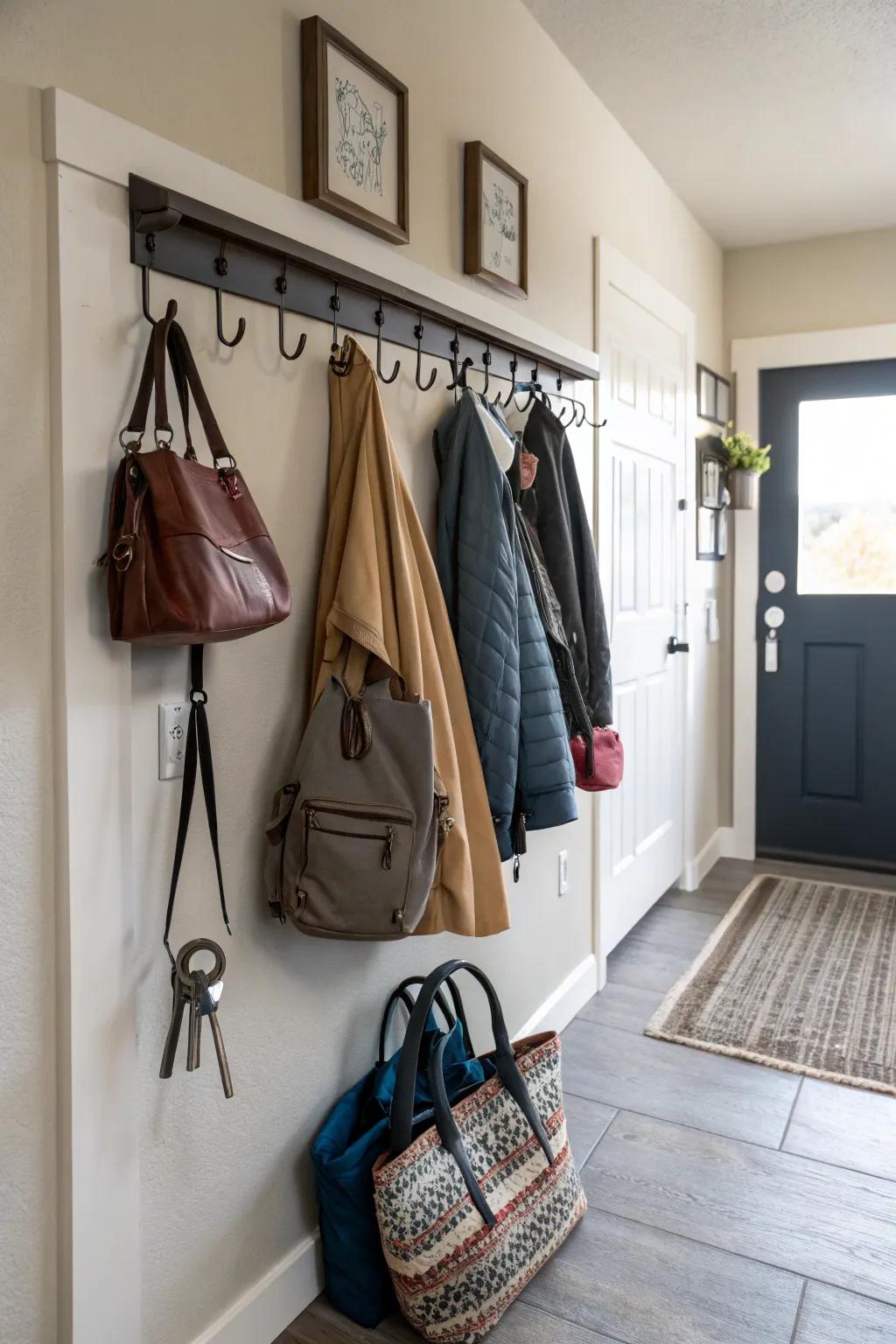 Keep entryways neat with a versatile hook system.