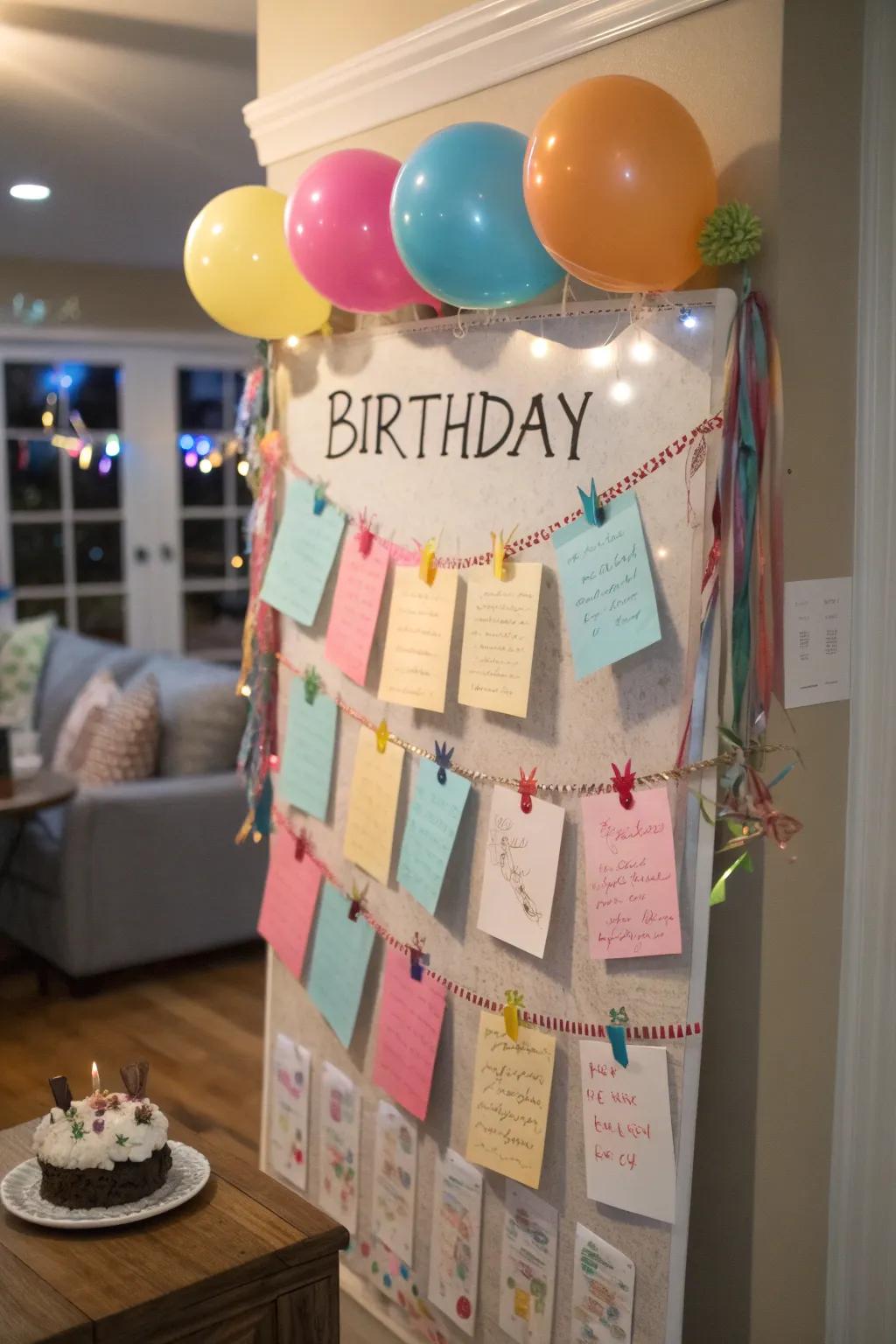 A participatory birthday display featuring personalized identification labels.