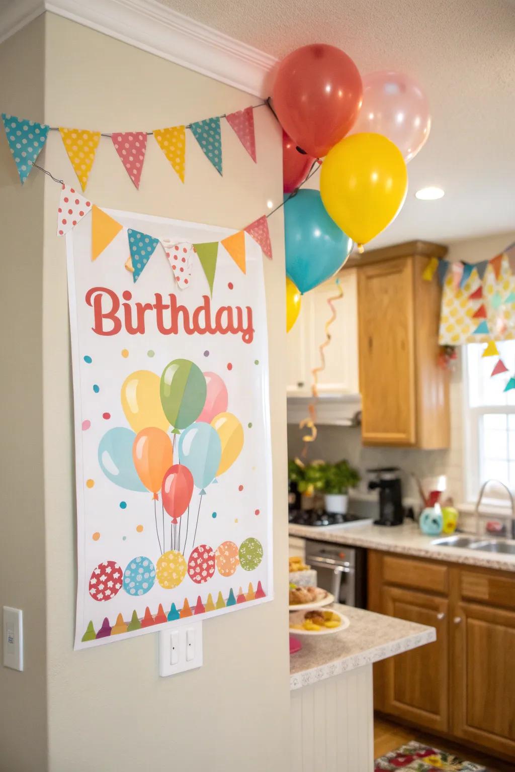 Pennants and streamers give a playful touch to birthday displays.