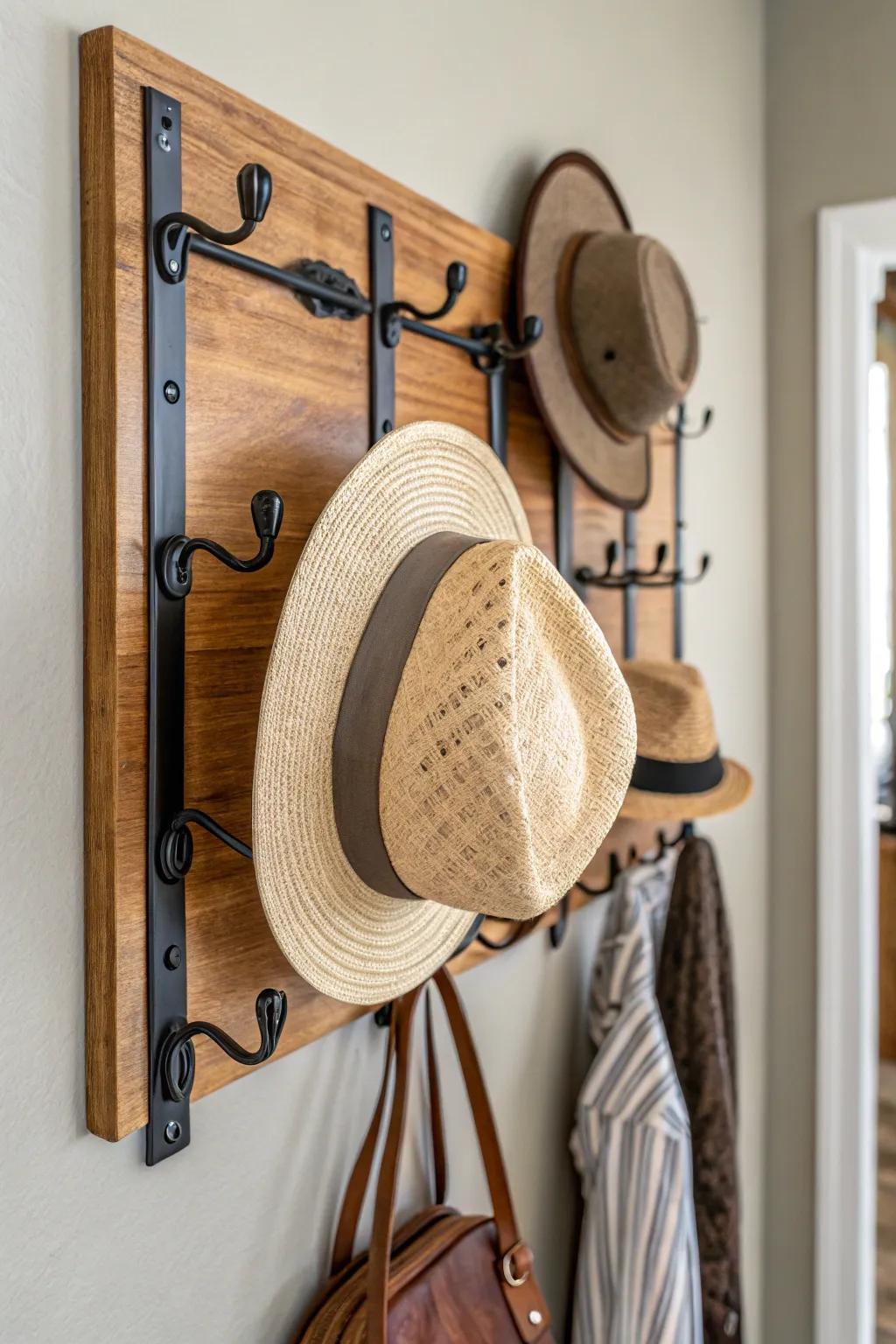 Blending wood and metal results in an exciting hat arrangement.