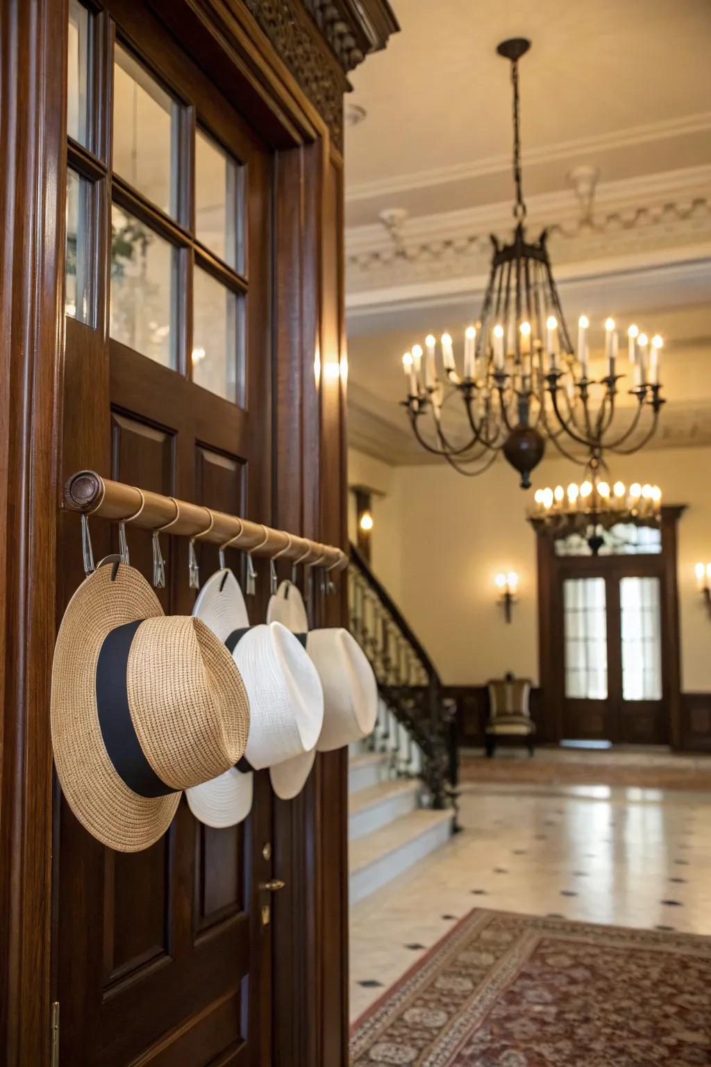 Hats suspended from a rod using clips.