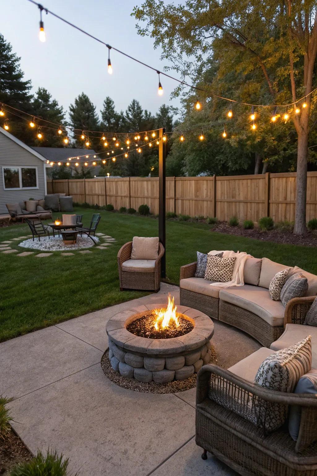 An outdoor setting with a stylish fire pit, ideal for sociable outdoor get-togethers.
