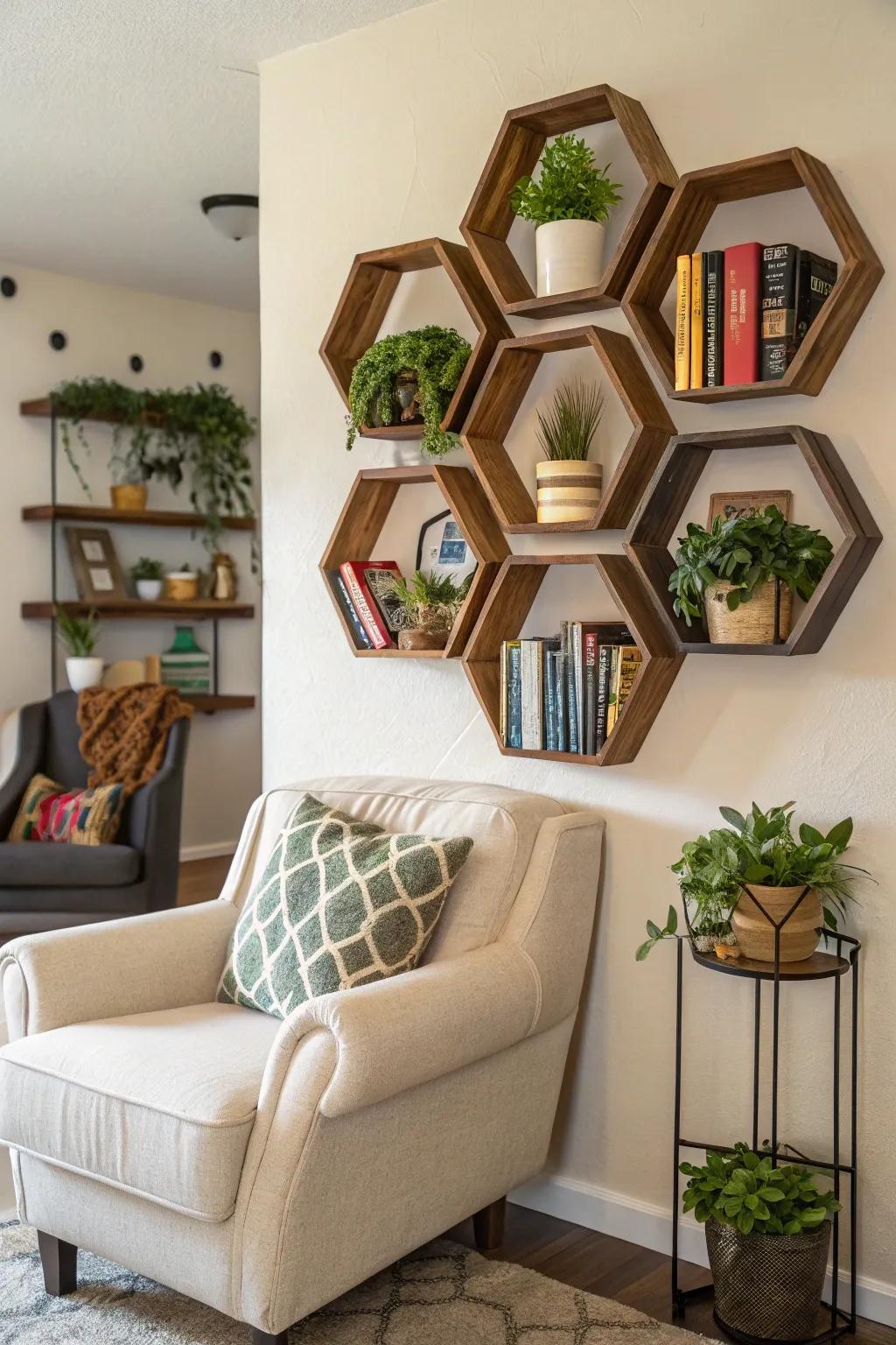 Hexagon shelving provides both vogue and usefulness.