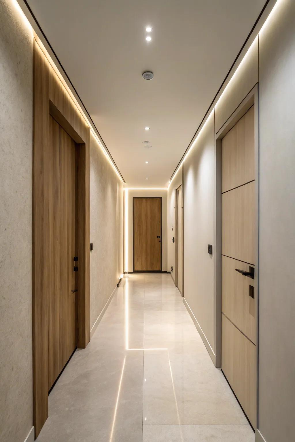 A minimalist hallway featuring a secret entrance seamlessly integrated.