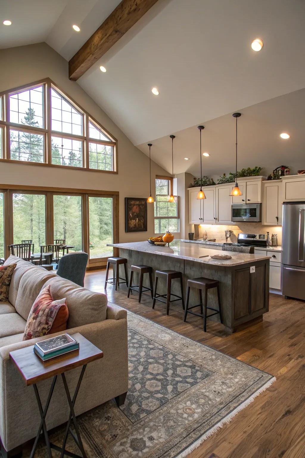 A cooking area that effortlessly merges with the living space to form a unified, open-concept space.