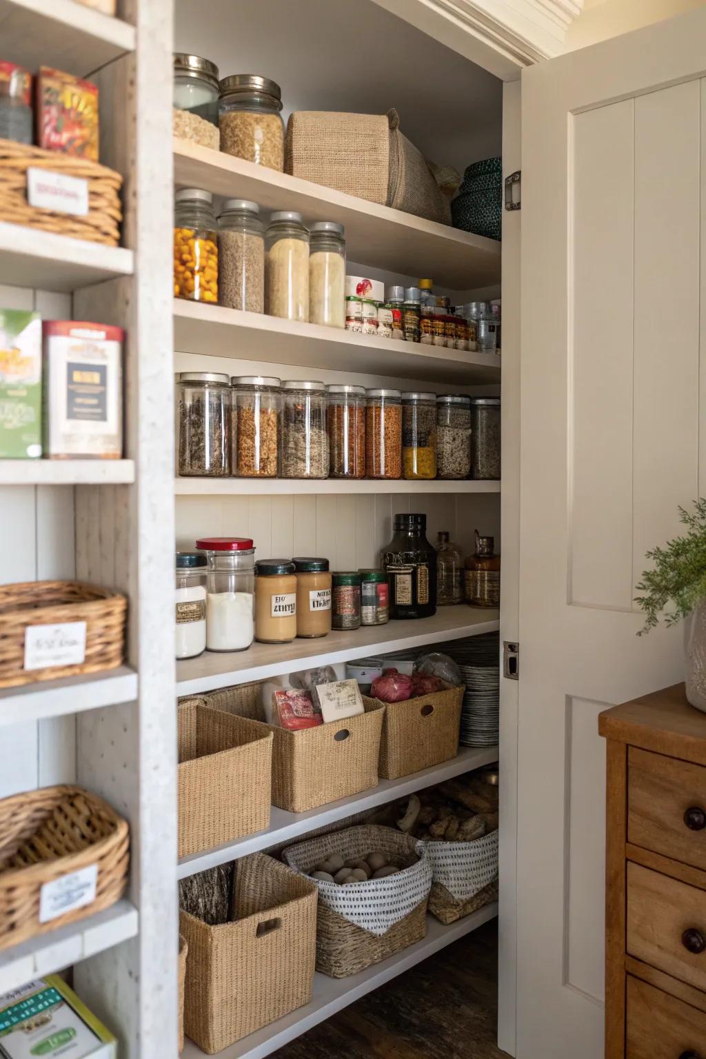 Open shelving within a secret pantry for effective setup.