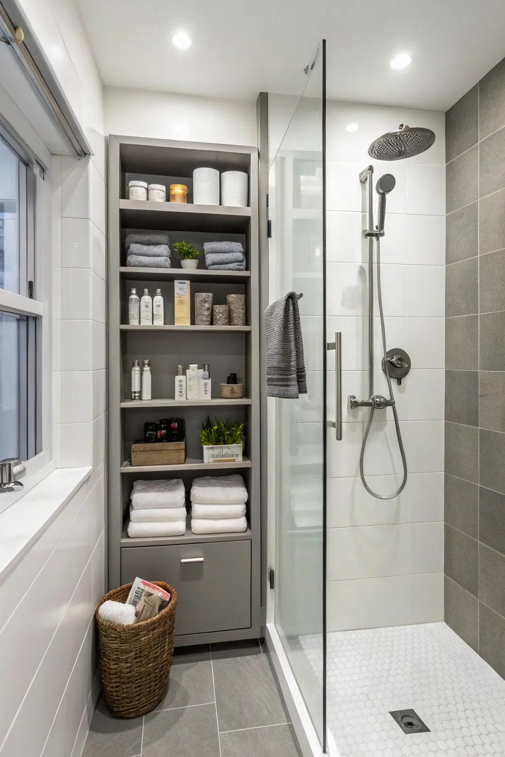 Integral stowage maintains your shower necessities subtly tucked aside.