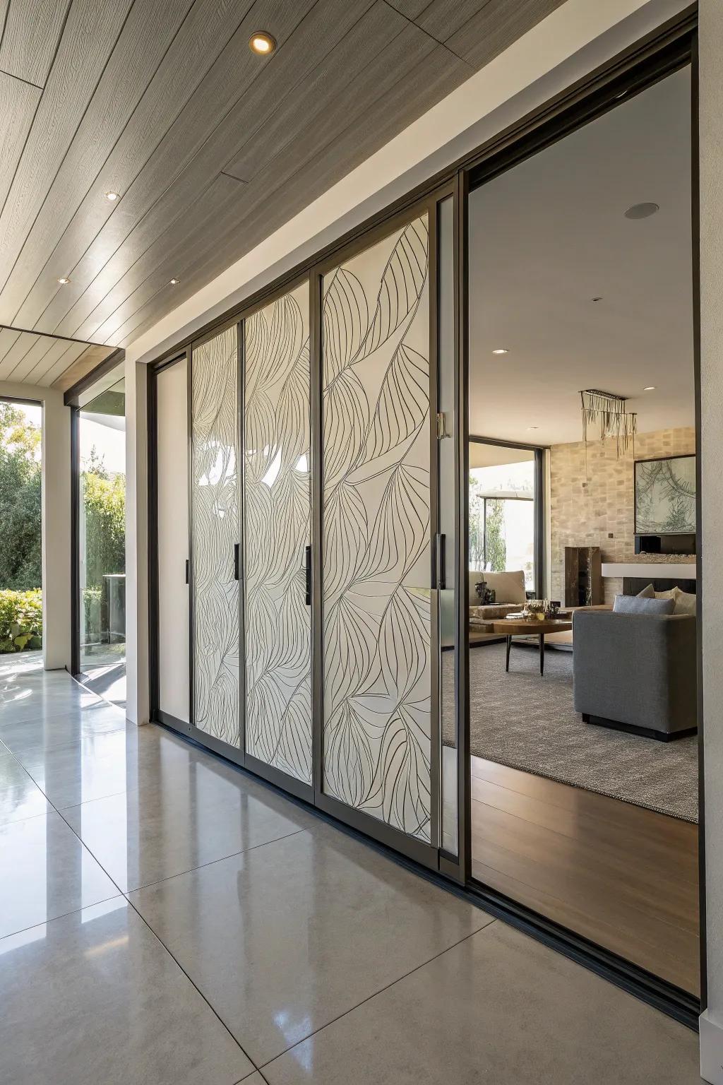 Detailed boards add dimension and character to hidden sliding doors.