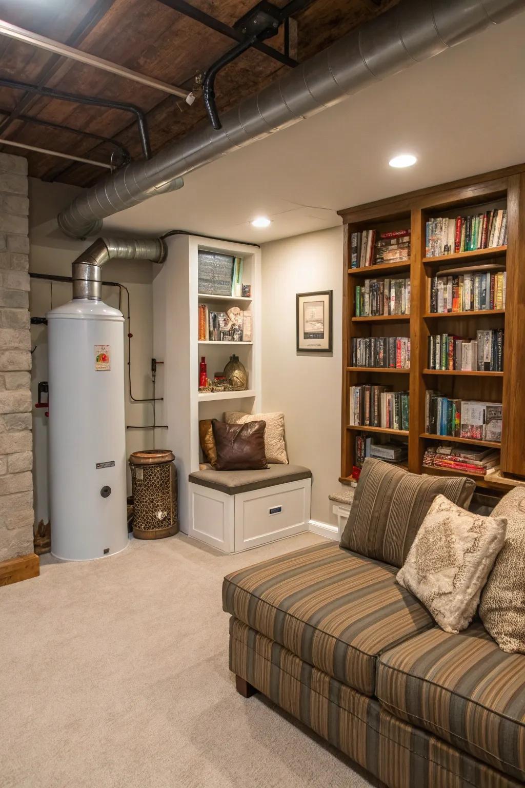 A cozy reading spot cleverly concealing a furnace and water heater.