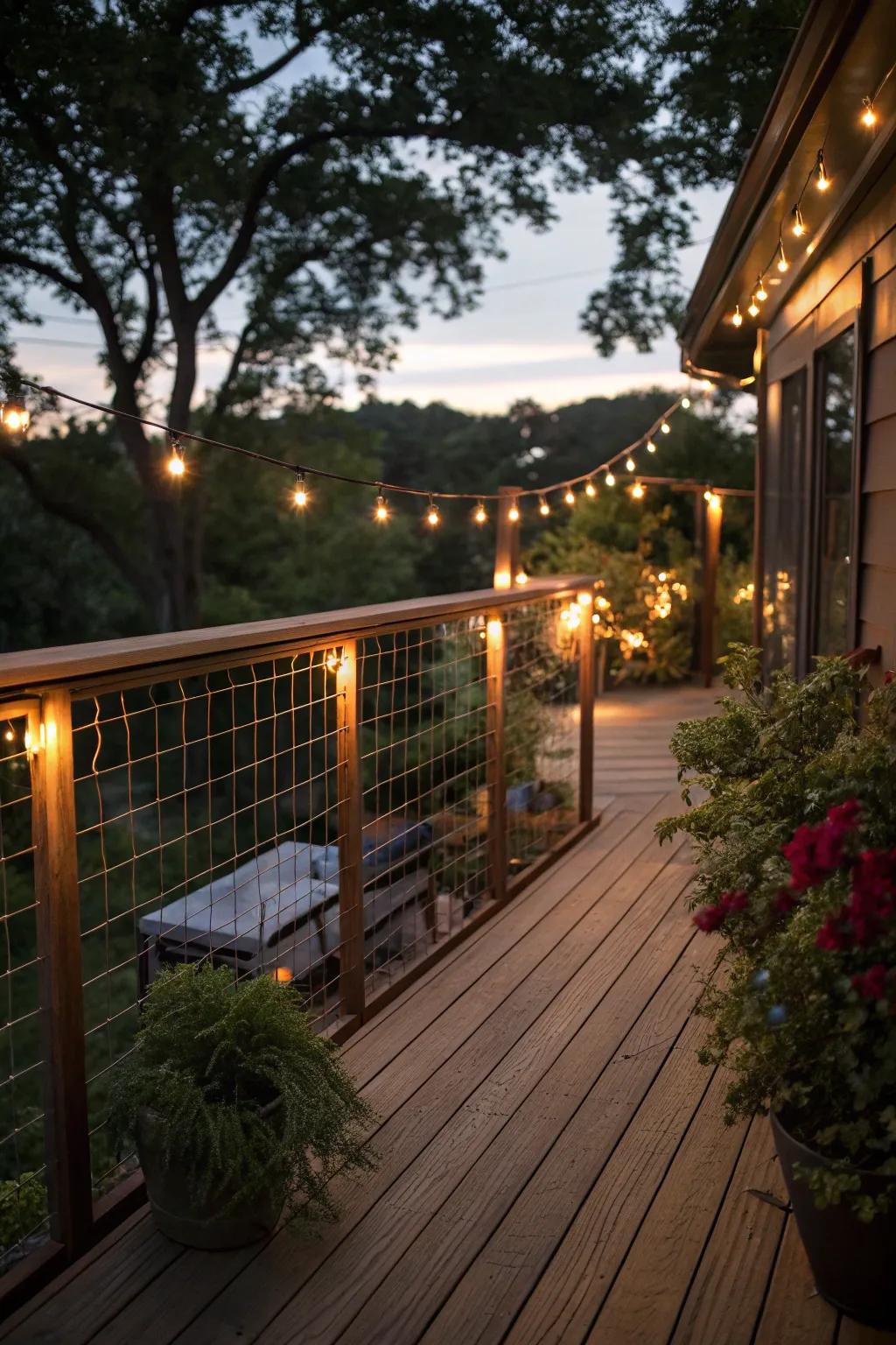 Lighting transforms a simple deck into an enchanting evening retreat.
