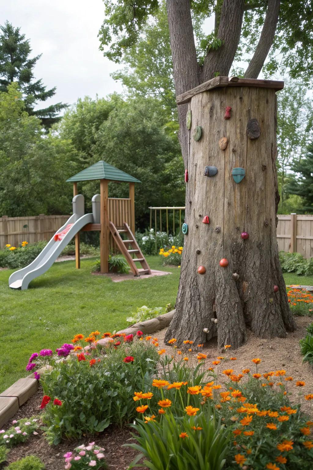 A lively children's area utilizing a tree stump as a climbing feature.