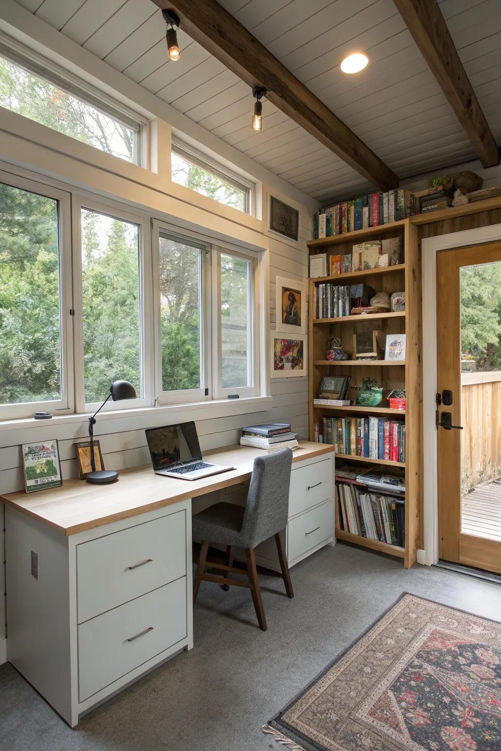 A revolutionized garage space, now functioning as a productive office.
