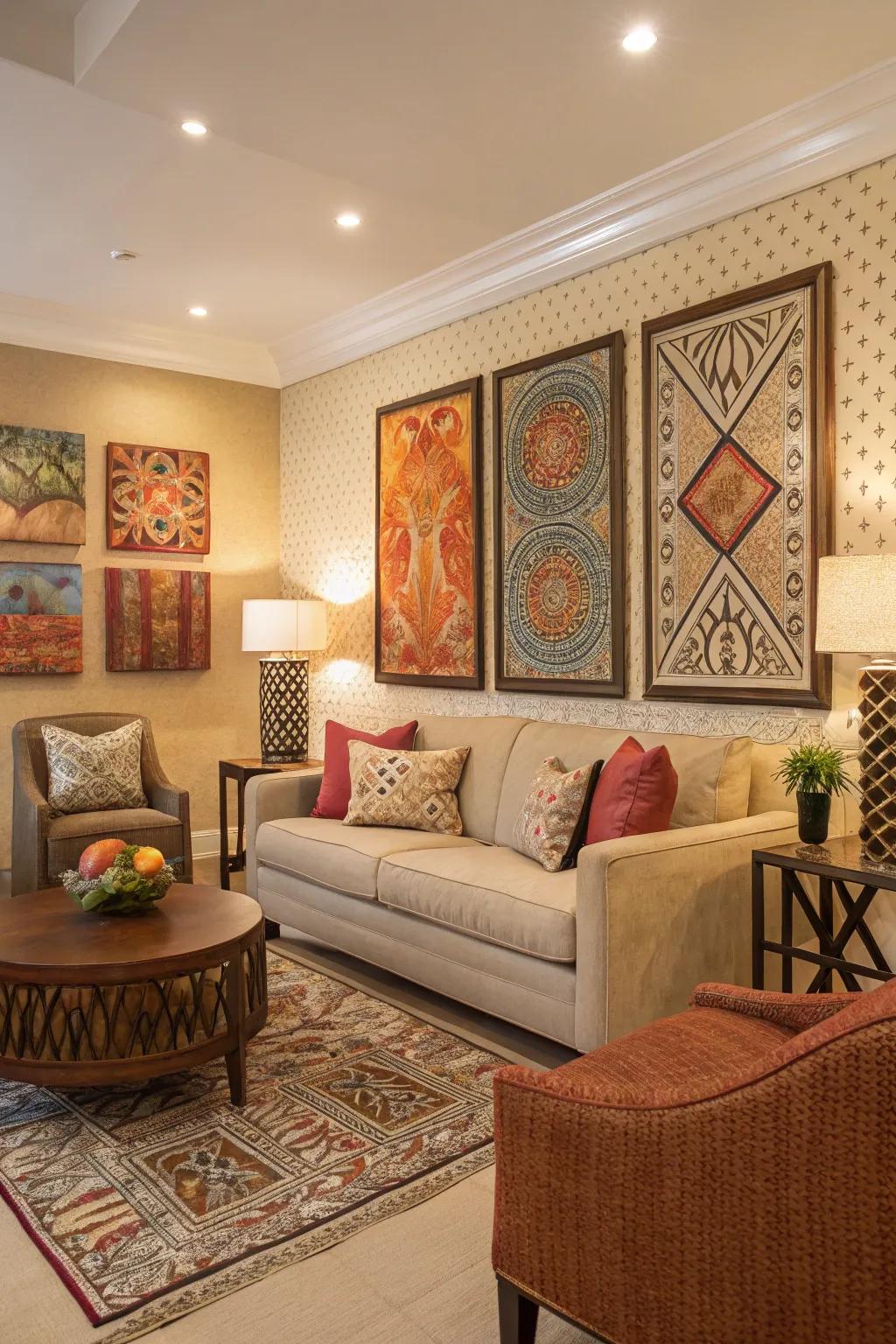A living room with a striking accent wall