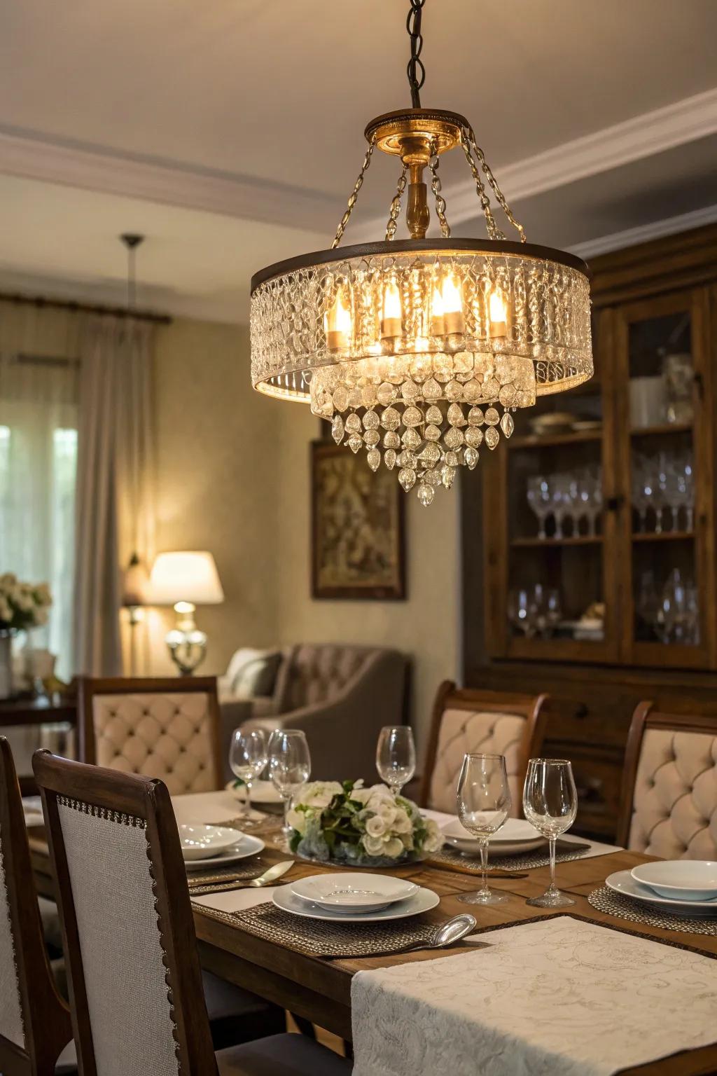 A dining room illuminated by a stunning chandelier.