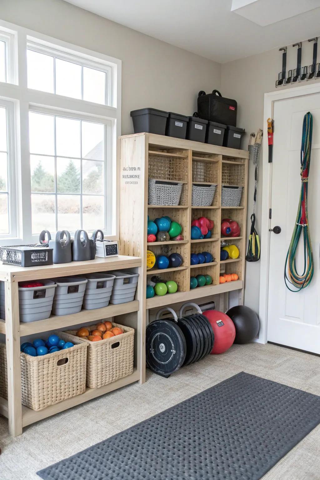Baskets and receptacles offer stylish options for organizing smaller gym accessories.