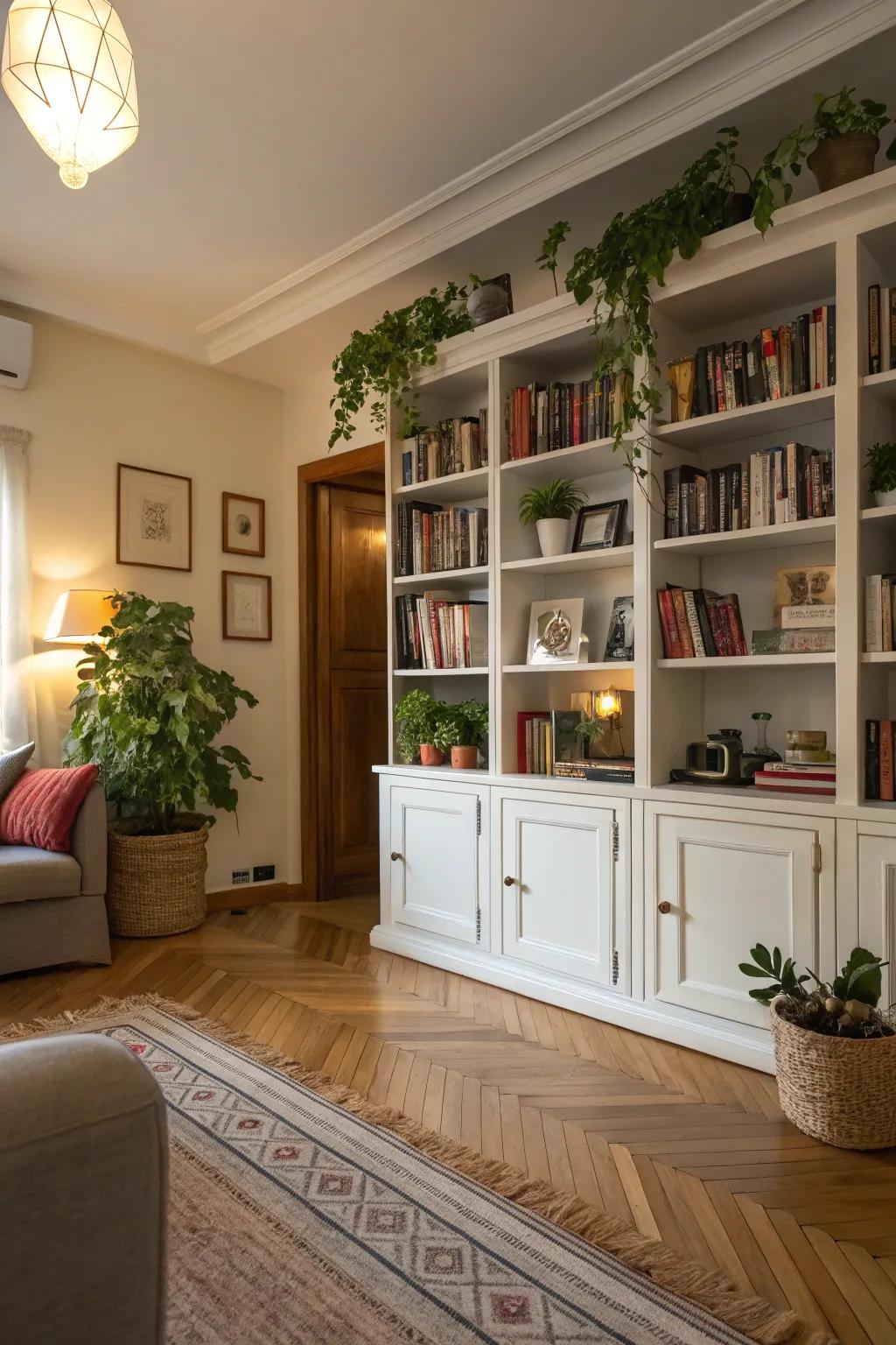 Built-in shelves bring charm and practicality to your space.