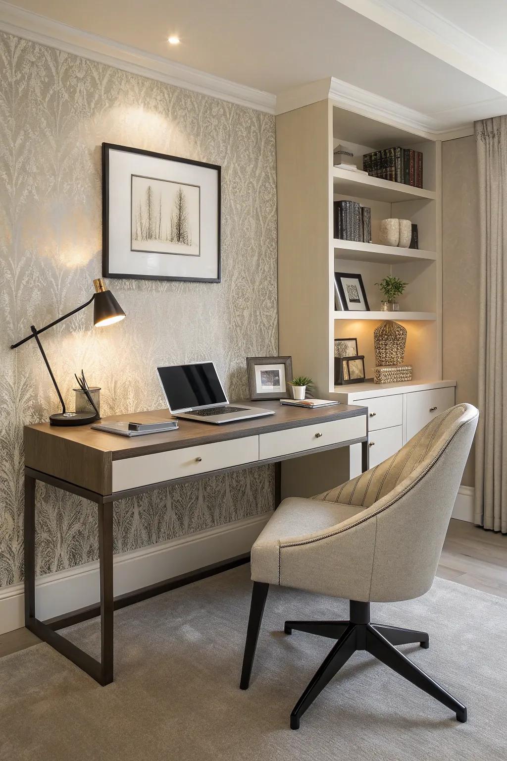 Furniture choices bring a sense of cohesion to this stylish home office.