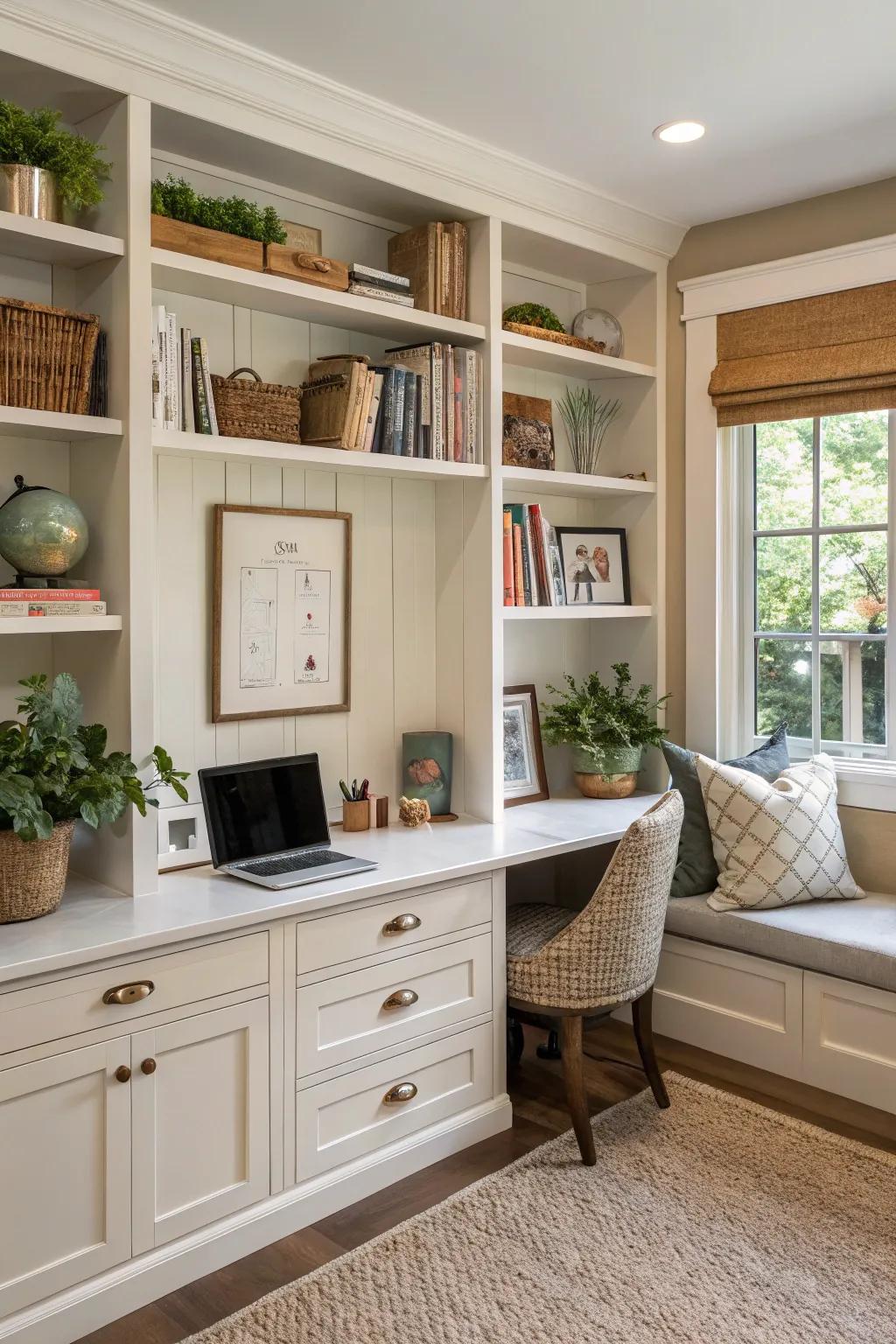 Integrated storage solutions ensure a well-organized home office setting.