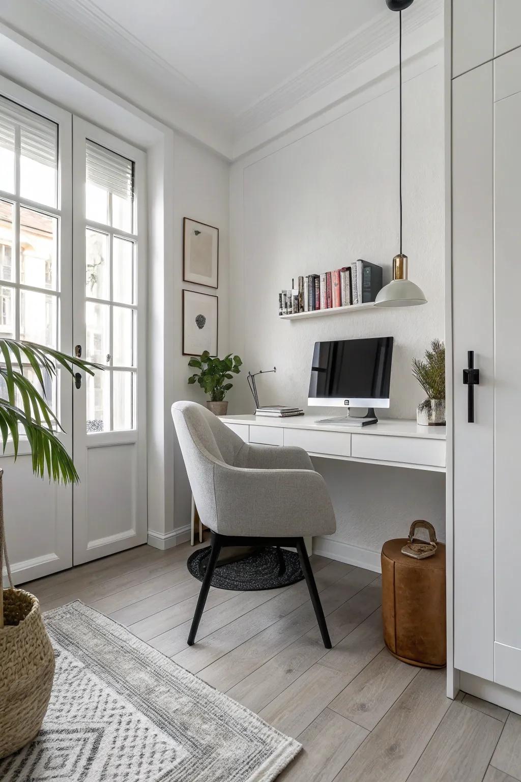 White walls fashion a spotless and expansive impression within this personal office.