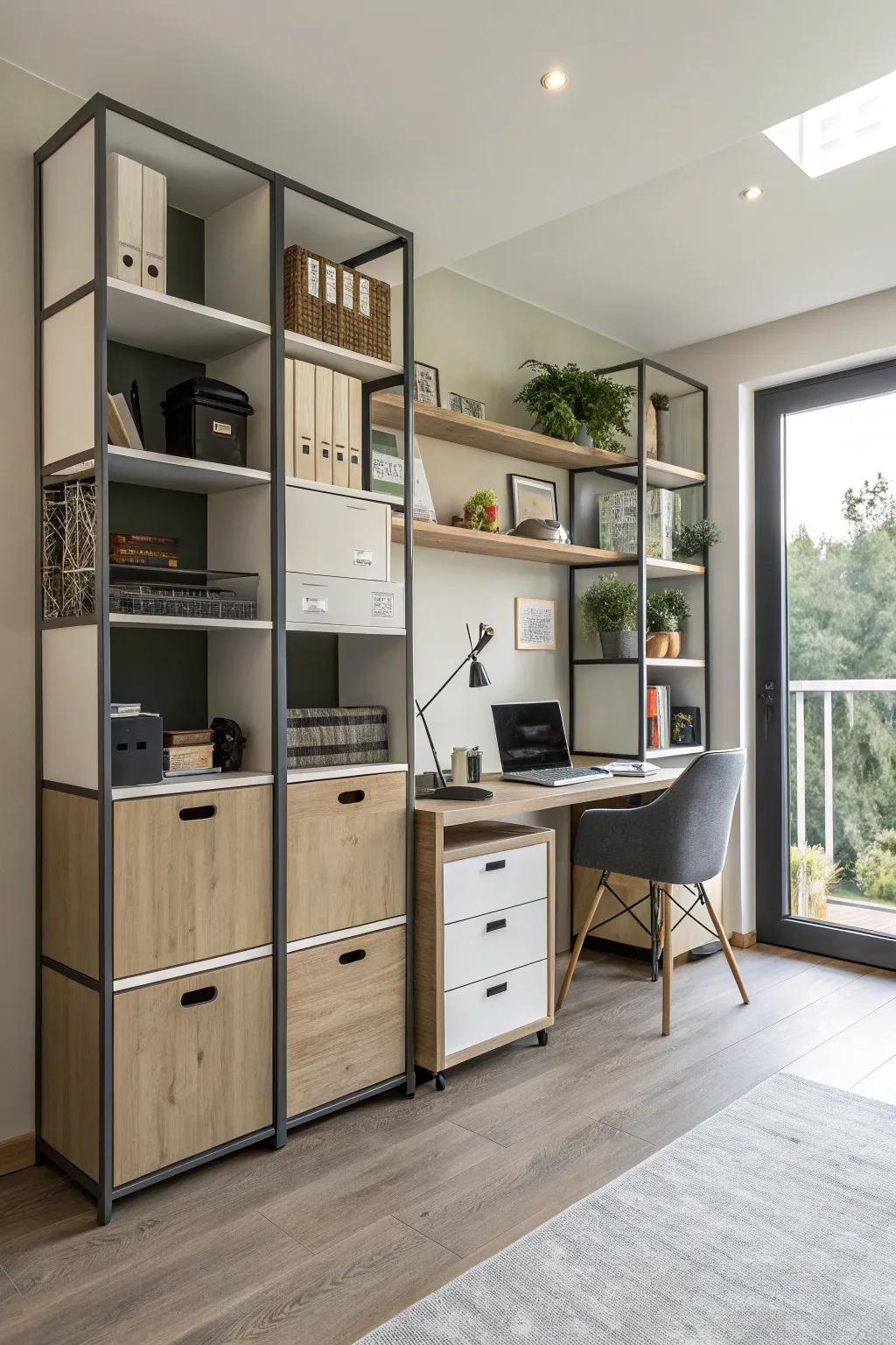 Adjustable shelving provides customizable storing methods.
