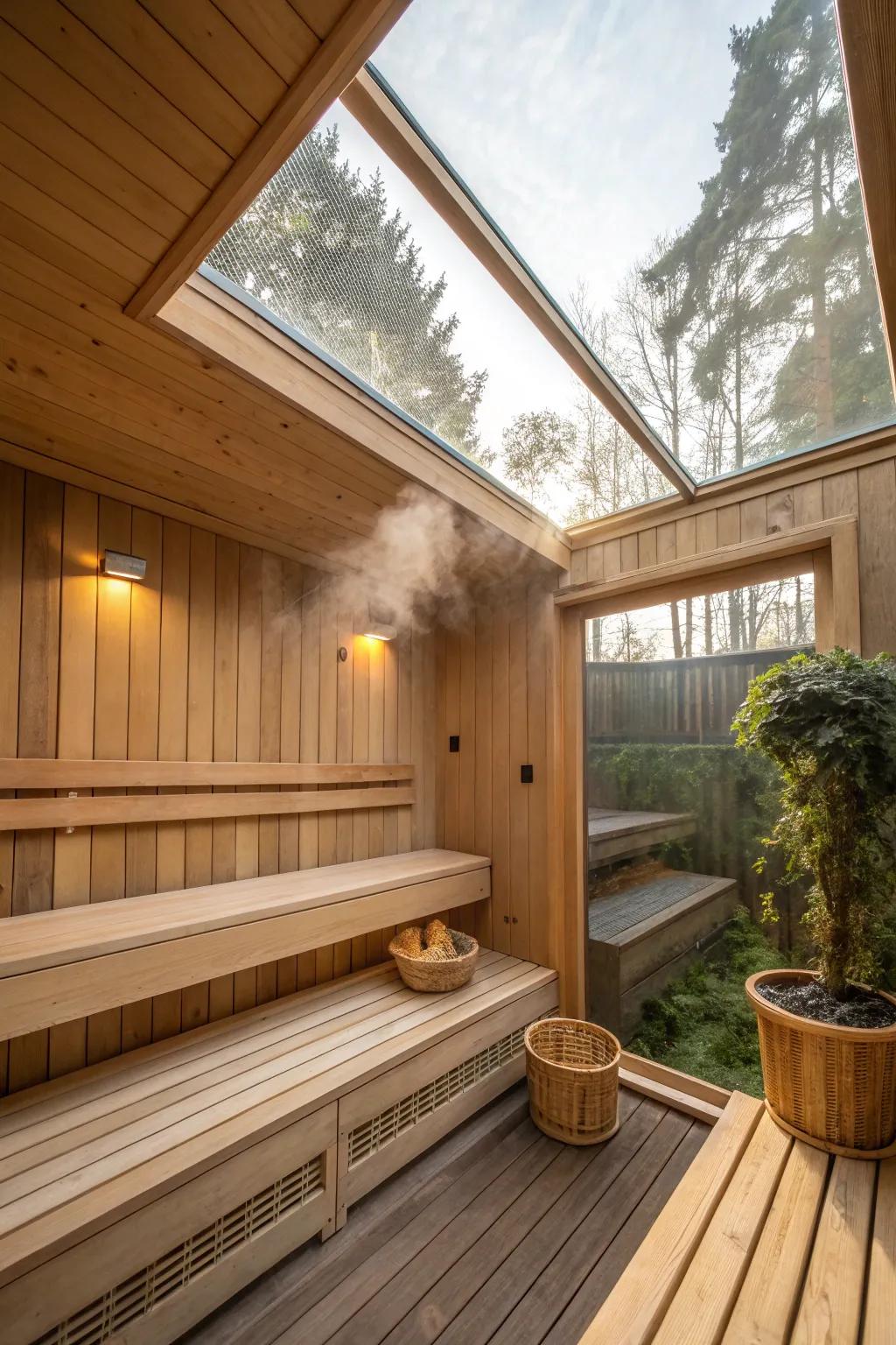 Sunlight enhances the serene atmosphere of this home sauna.