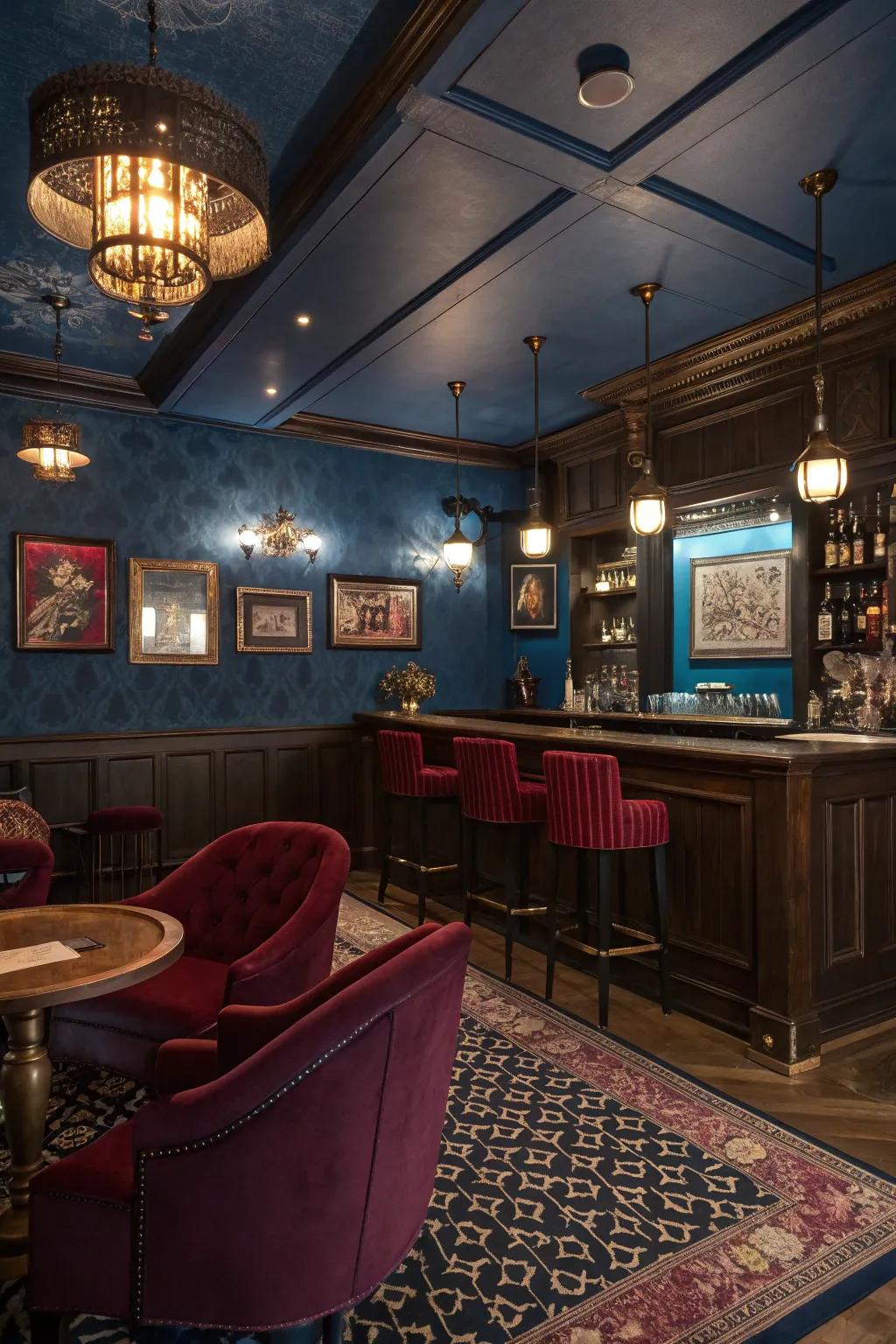 Dark, luxurious colors promote a sophisticated speakeasy aura.