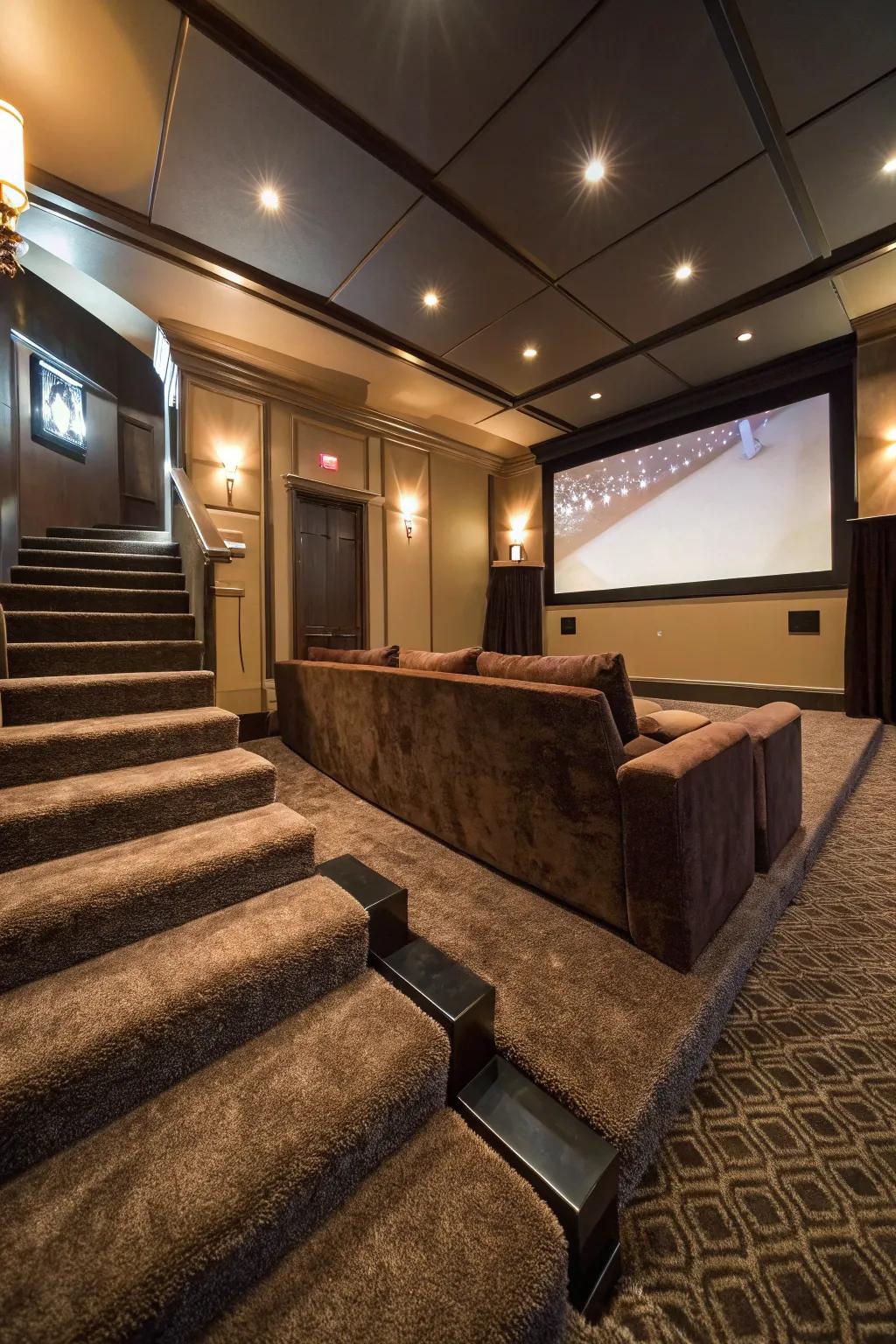 A soft carpet boosts comfort and improves acoustics in your cinema.