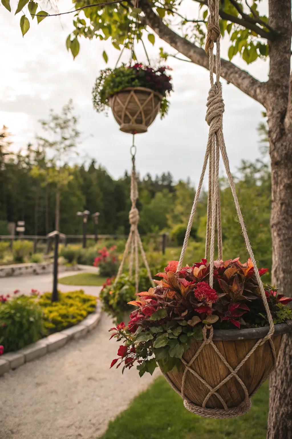 Rope planters add vertical appeal to your garden.