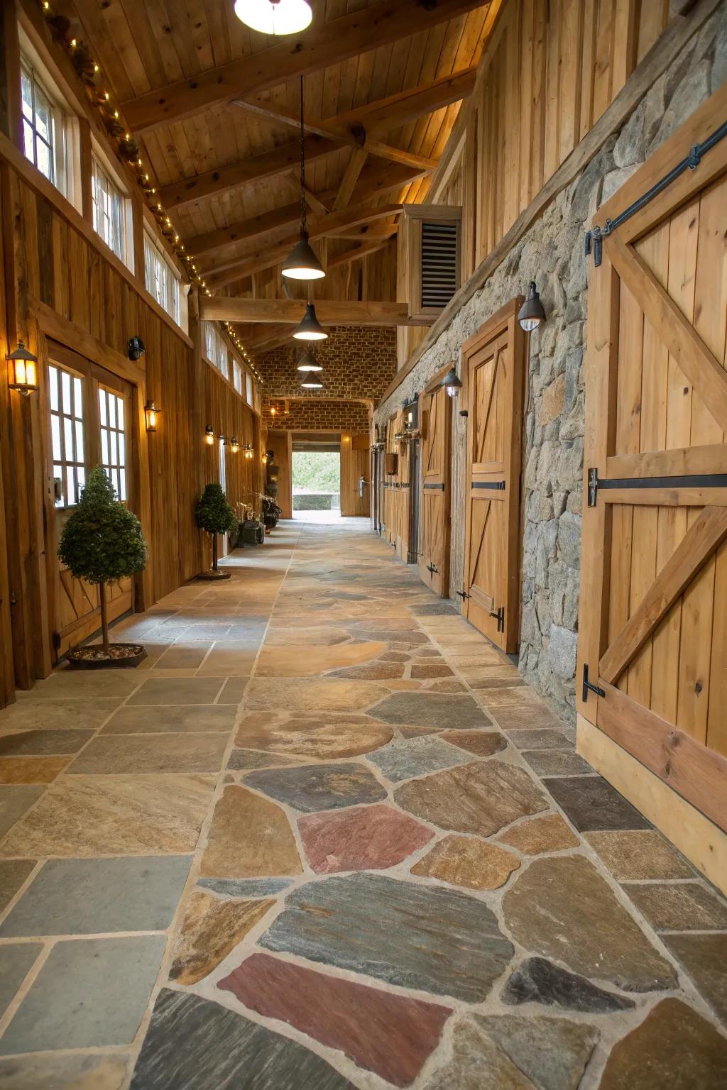Natural rock adds a classic and sophisticated touch to equine facility walkways.