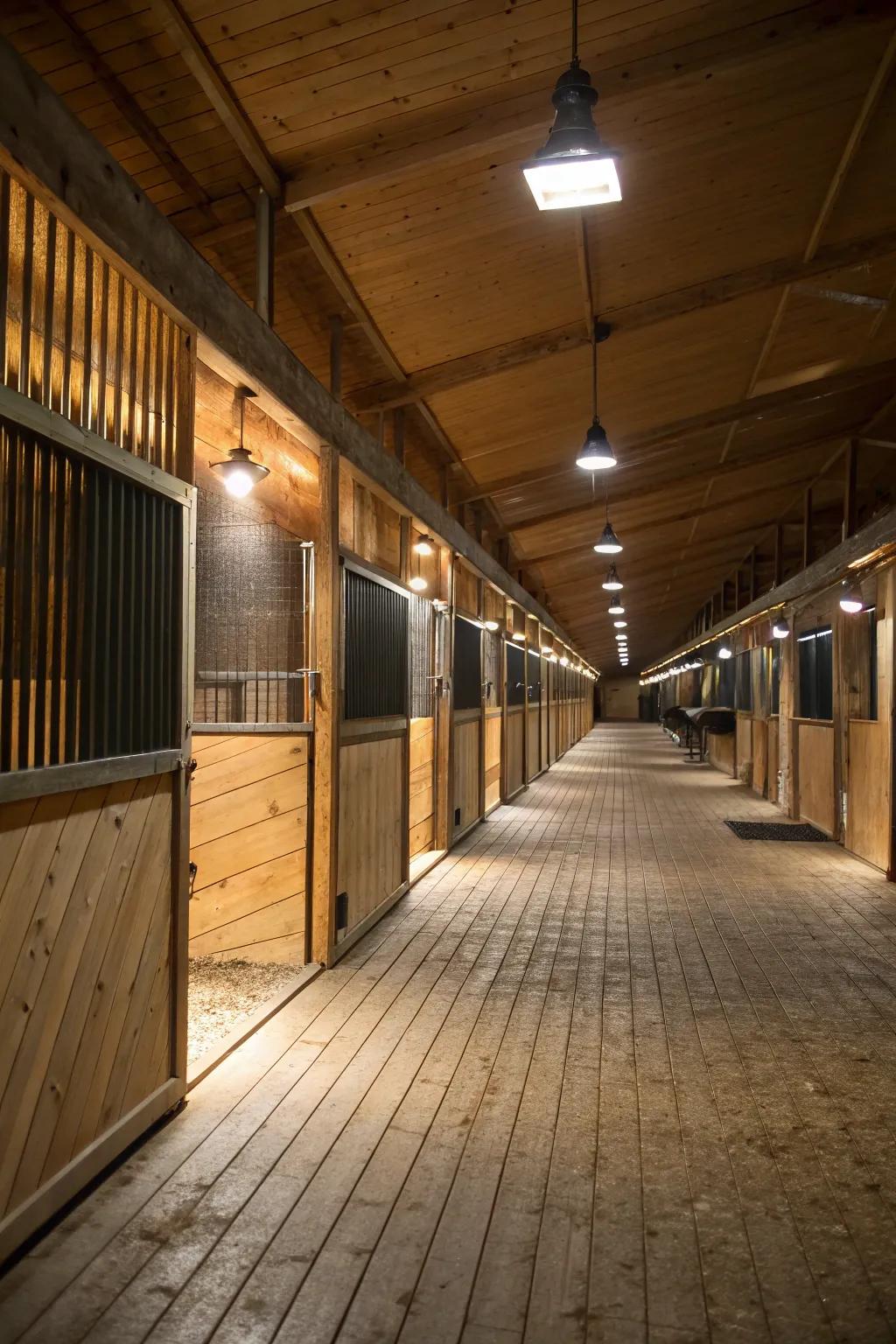 Recessed and track lights provide practical lighting in barn aisles.